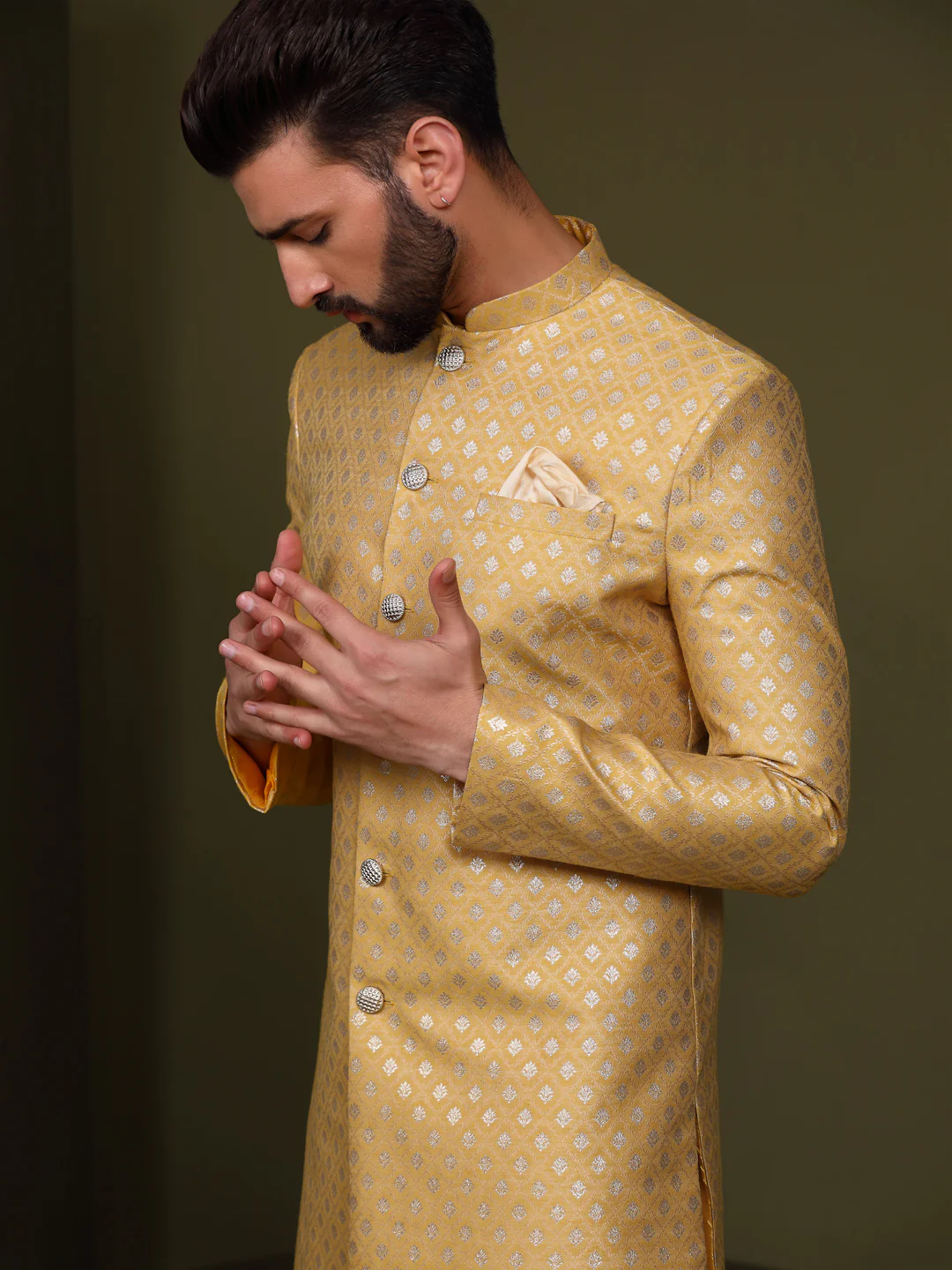 Men's Mustard Indowestern Set With Churidar - Image 5