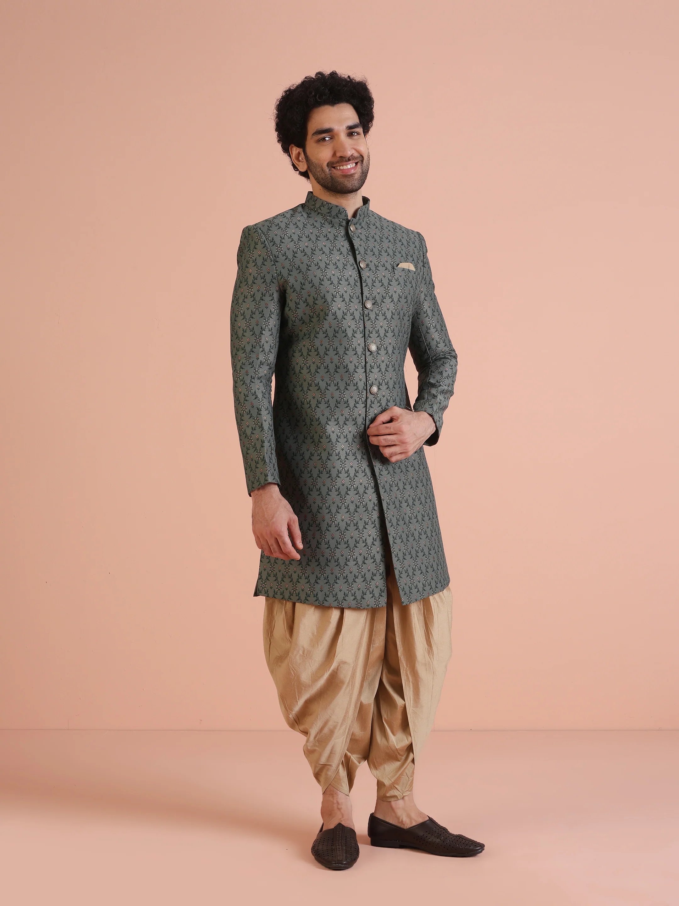 Men Olive Green Textured Indowestern Dhoti Set - Image 2