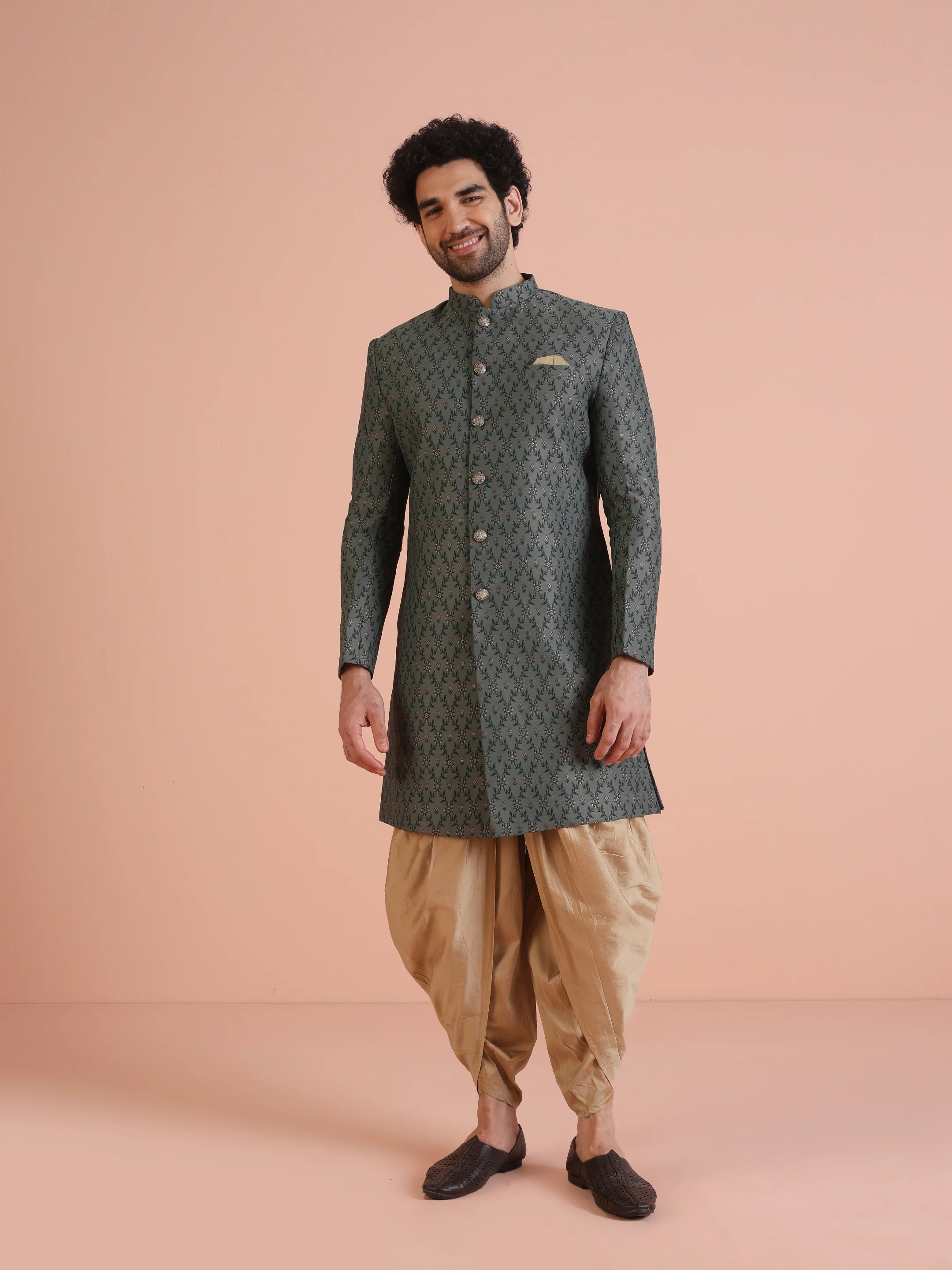 Men Olive Green Textured Indowestern Dhoti Set - Image 3