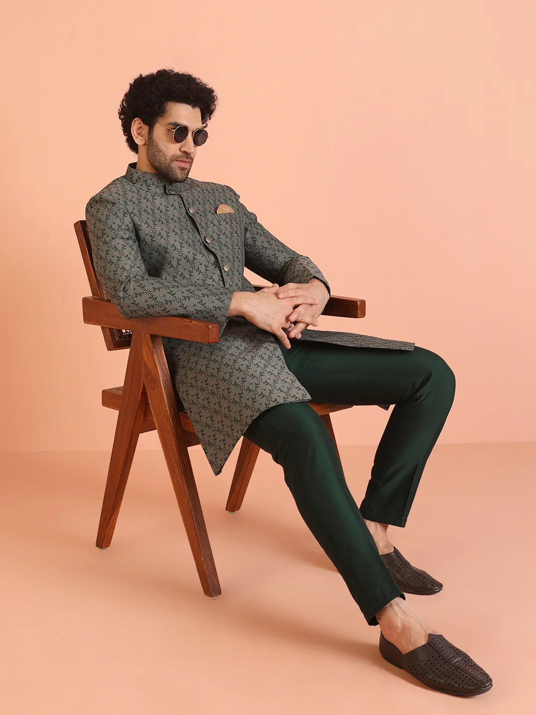 Olive Green Jacquard Sherwani Trouser Set