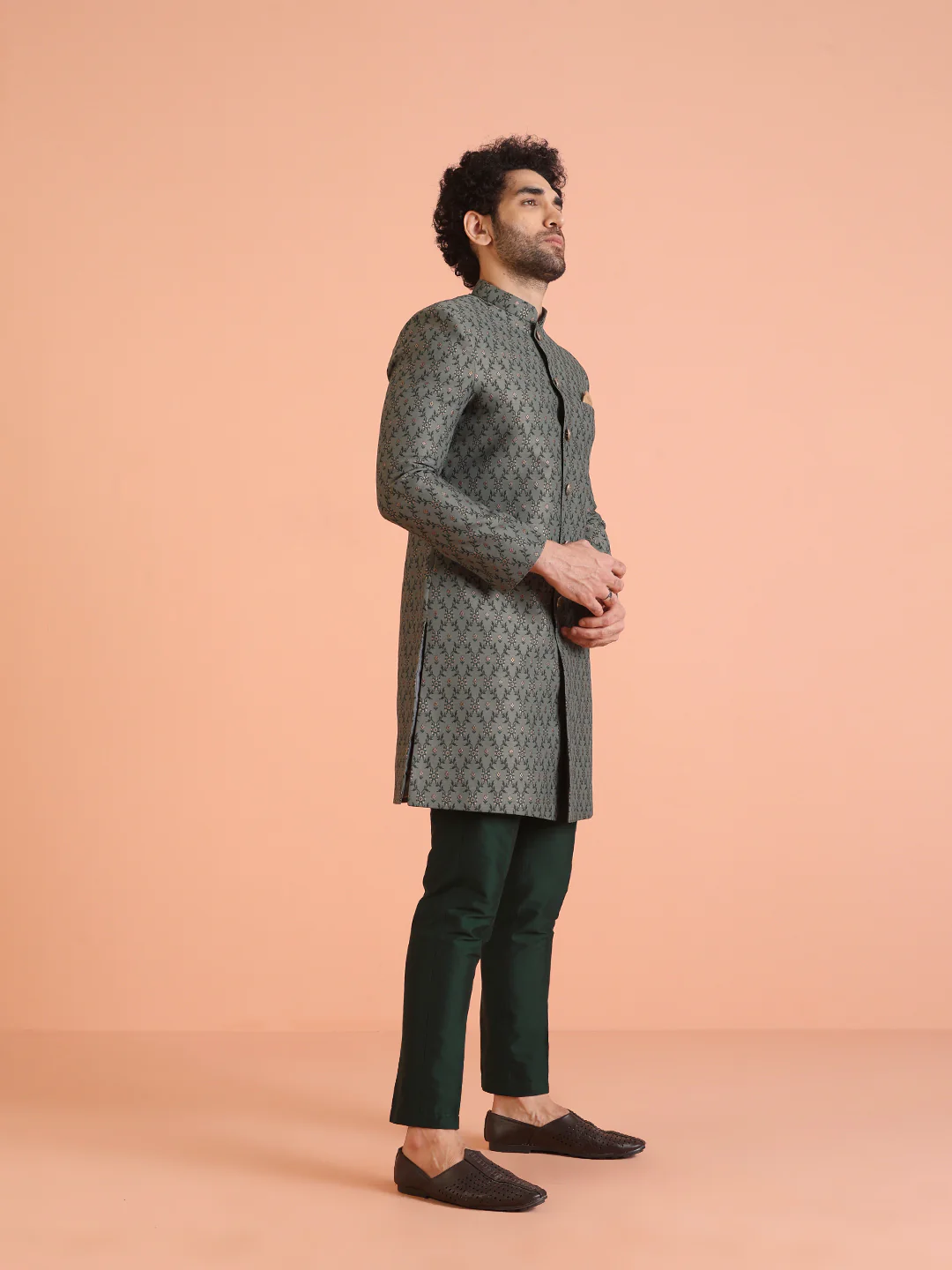 Olive Green Jacquard Sherwani Trouser Set - Image 2
