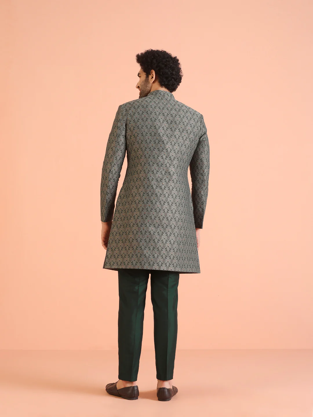 Olive Green Jacquard Sherwani Trouser Set - Image 4
