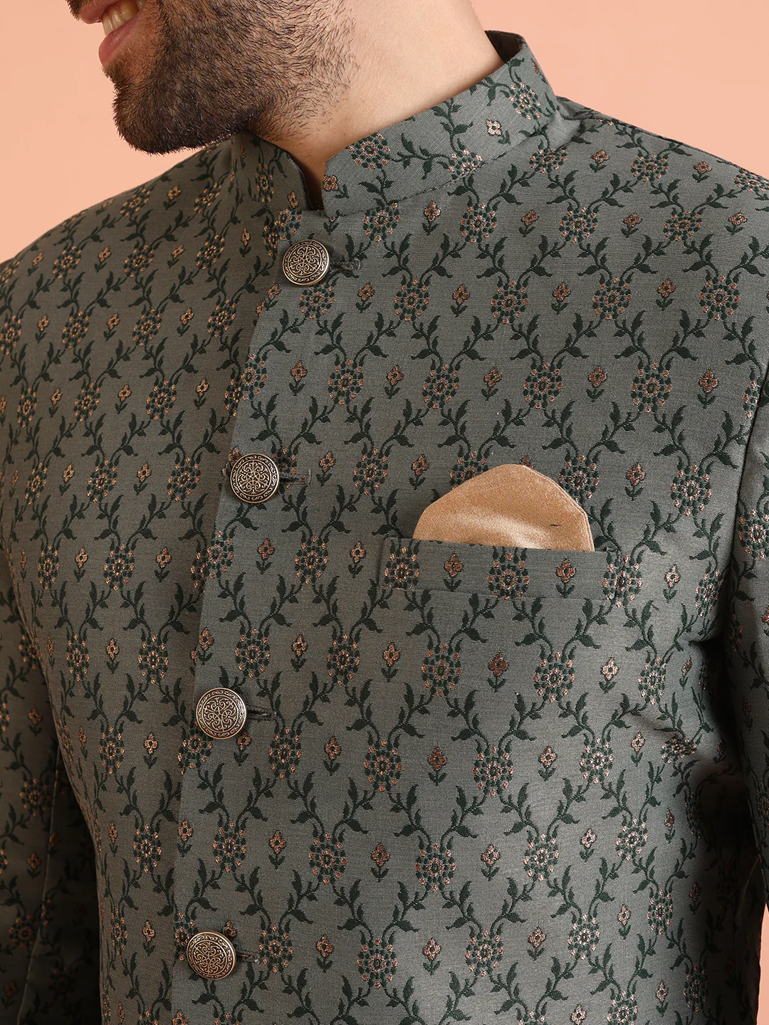 Olive Green Jacquard Sherwani Trouser Set - Image 5