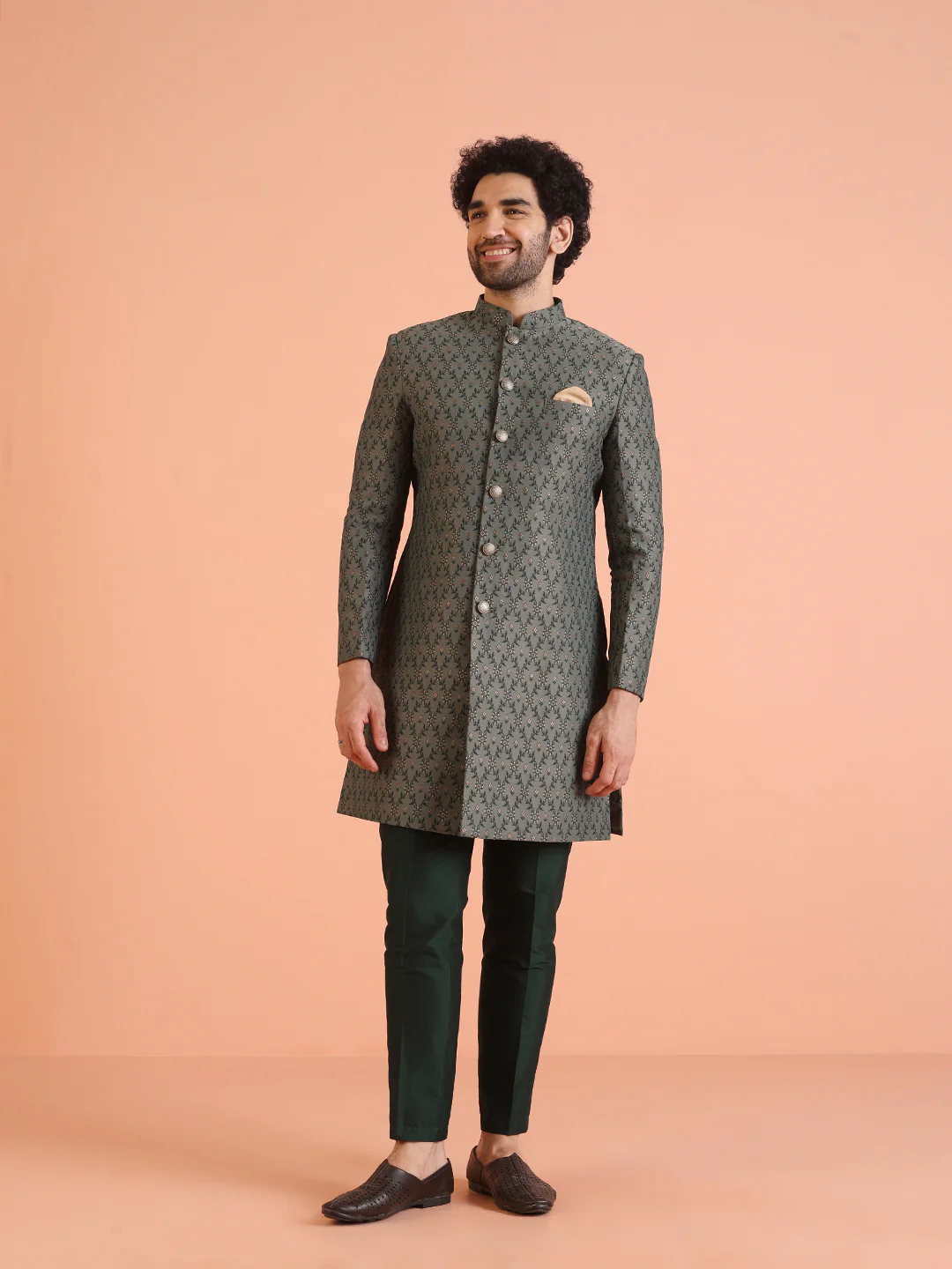 Olive Green Jacquard Sherwani Trouser Set - Image 8