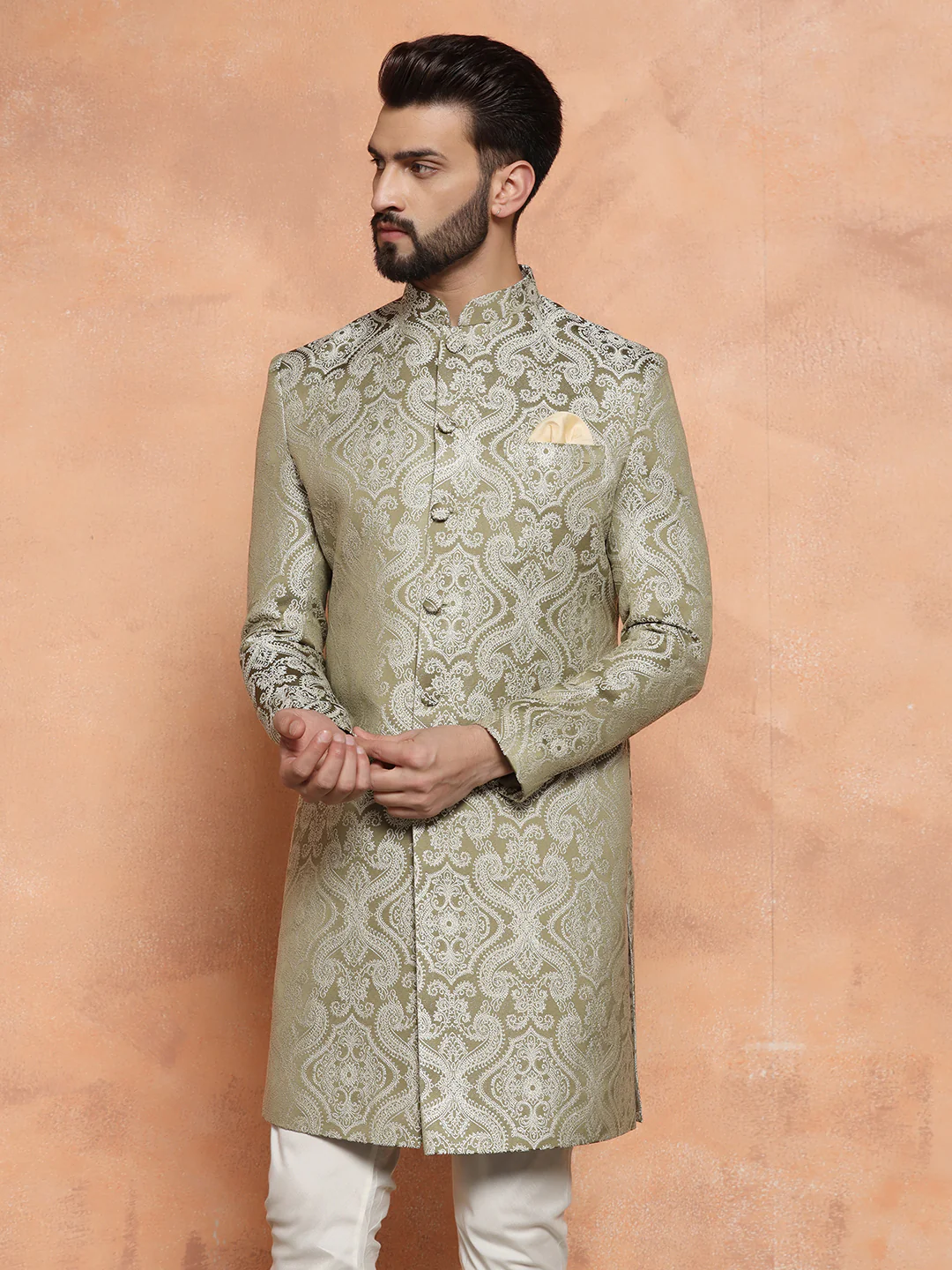 Light Green Textured Sherwani Churidar Set - Image 3