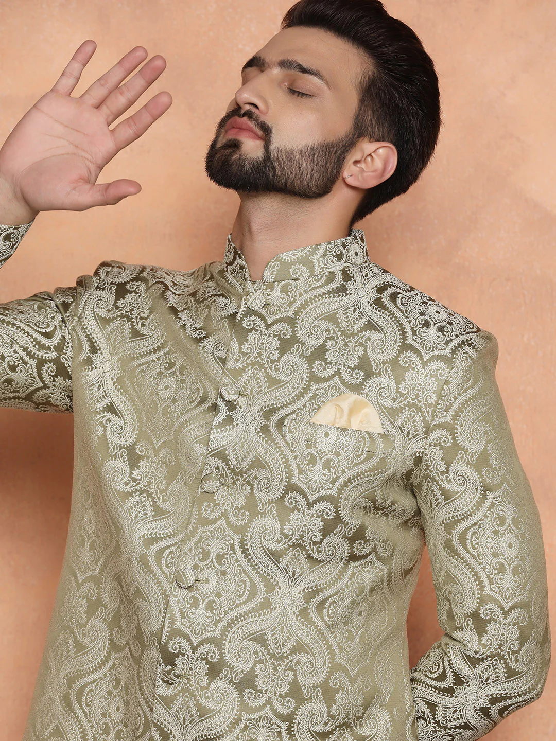 Light Green Textured Sherwani Churidar Set - Image 4