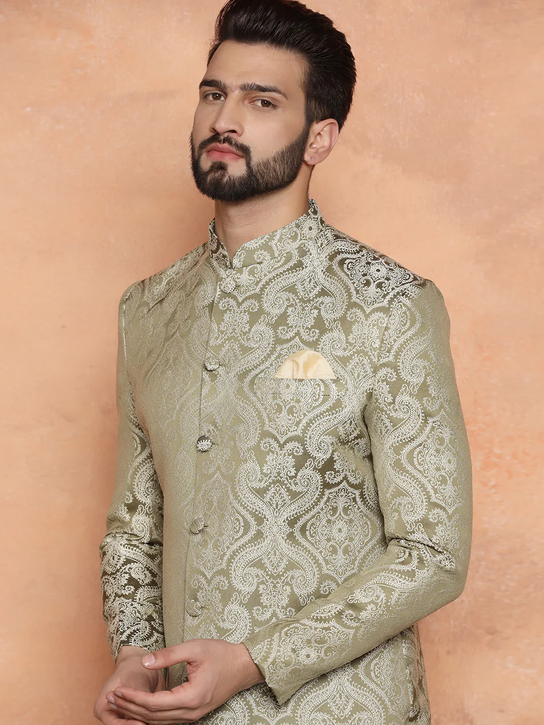 Light Green Textured Sherwani Churidar Set - Image 7