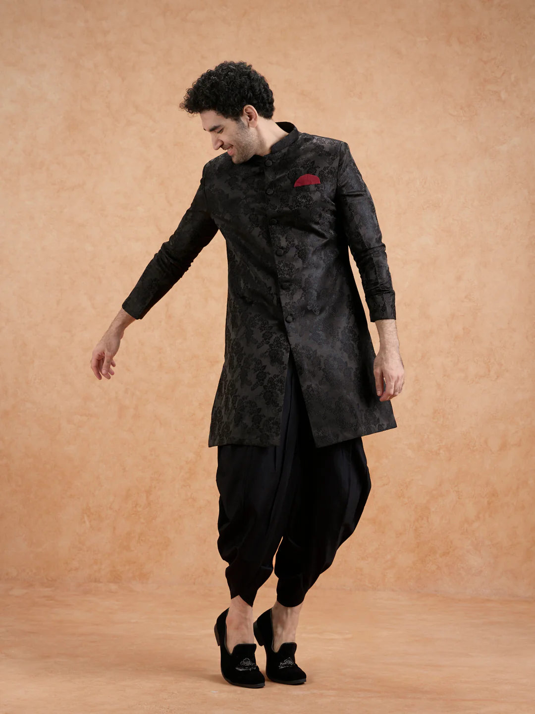 Men's Black Indowestern Set With Dhoti - Image 8