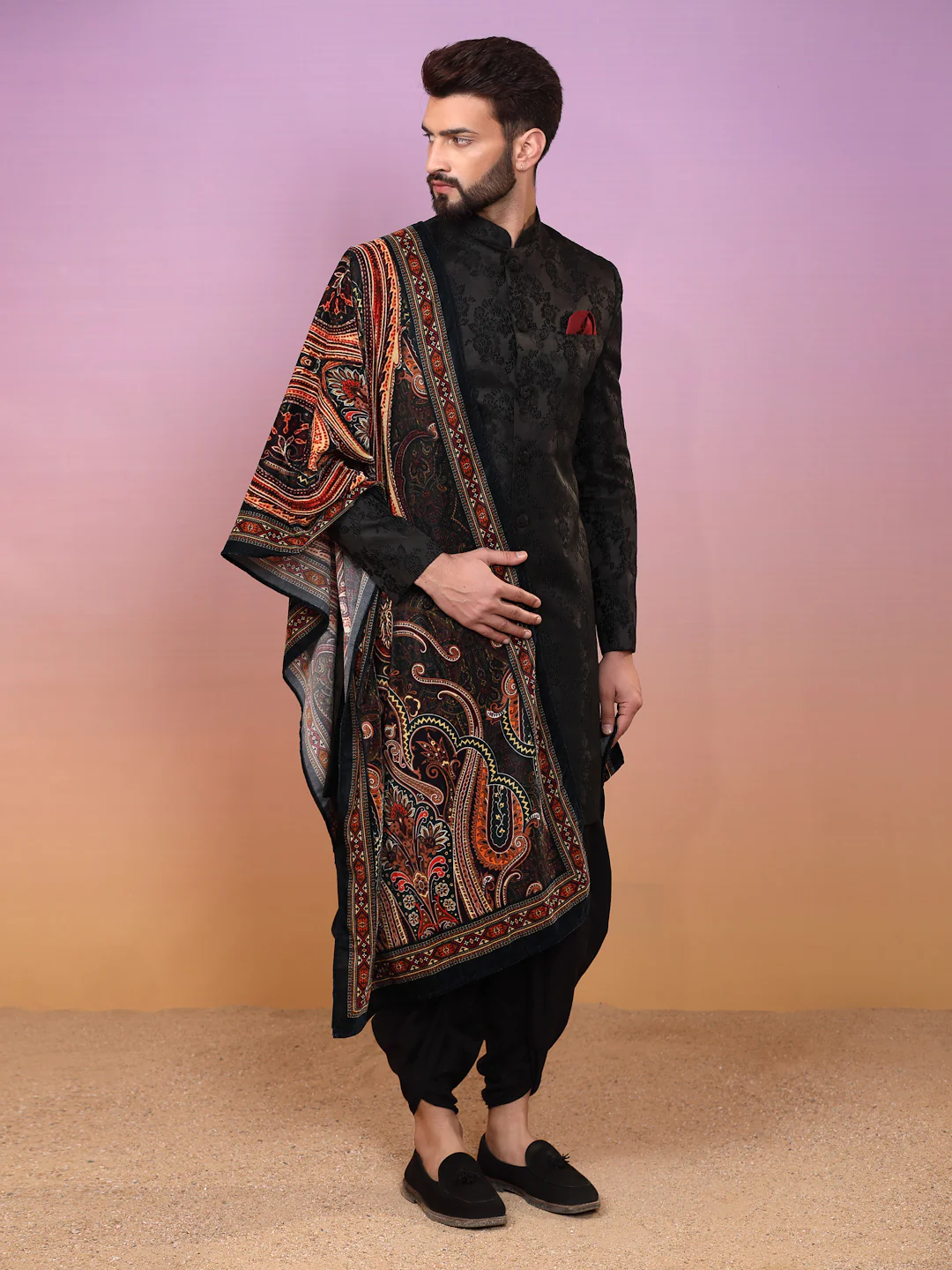 Black Jacquard Sherwani Dhoti Dupatta Set - Image 3