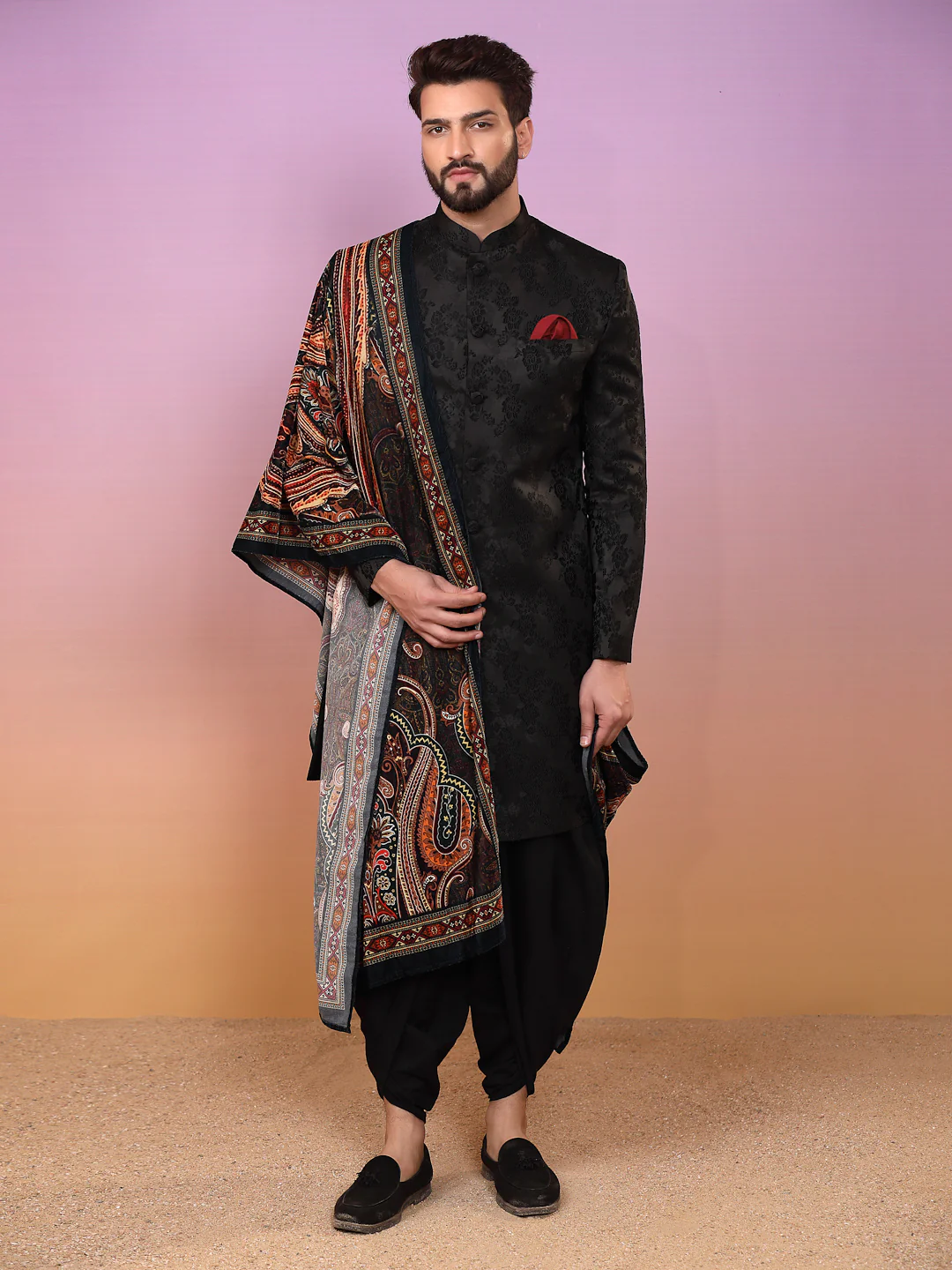 Black Jacquard Sherwani Dhoti Dupatta Set - Image 8