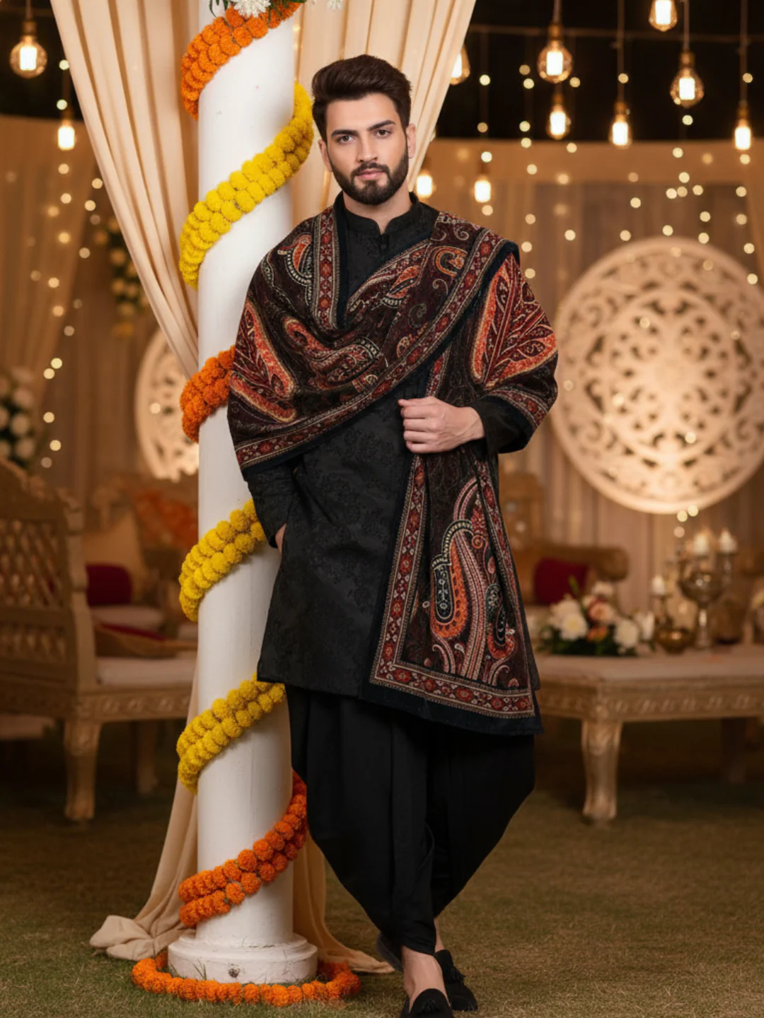 Black Jacquard Sherwani Dhoti Dupatta Set - Image 9