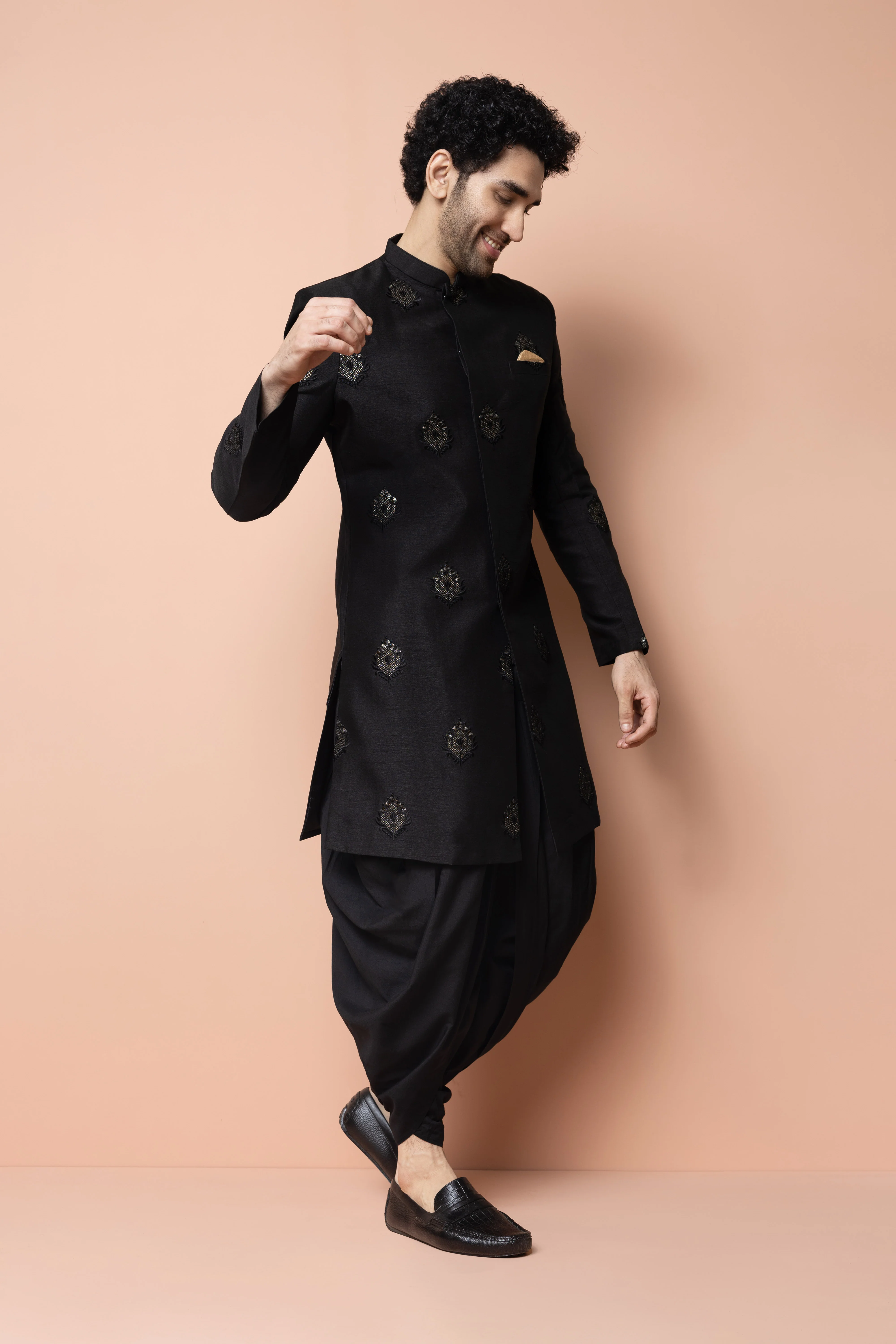 Men Black Embroidered Indowestern Dhoti Set - Image 3