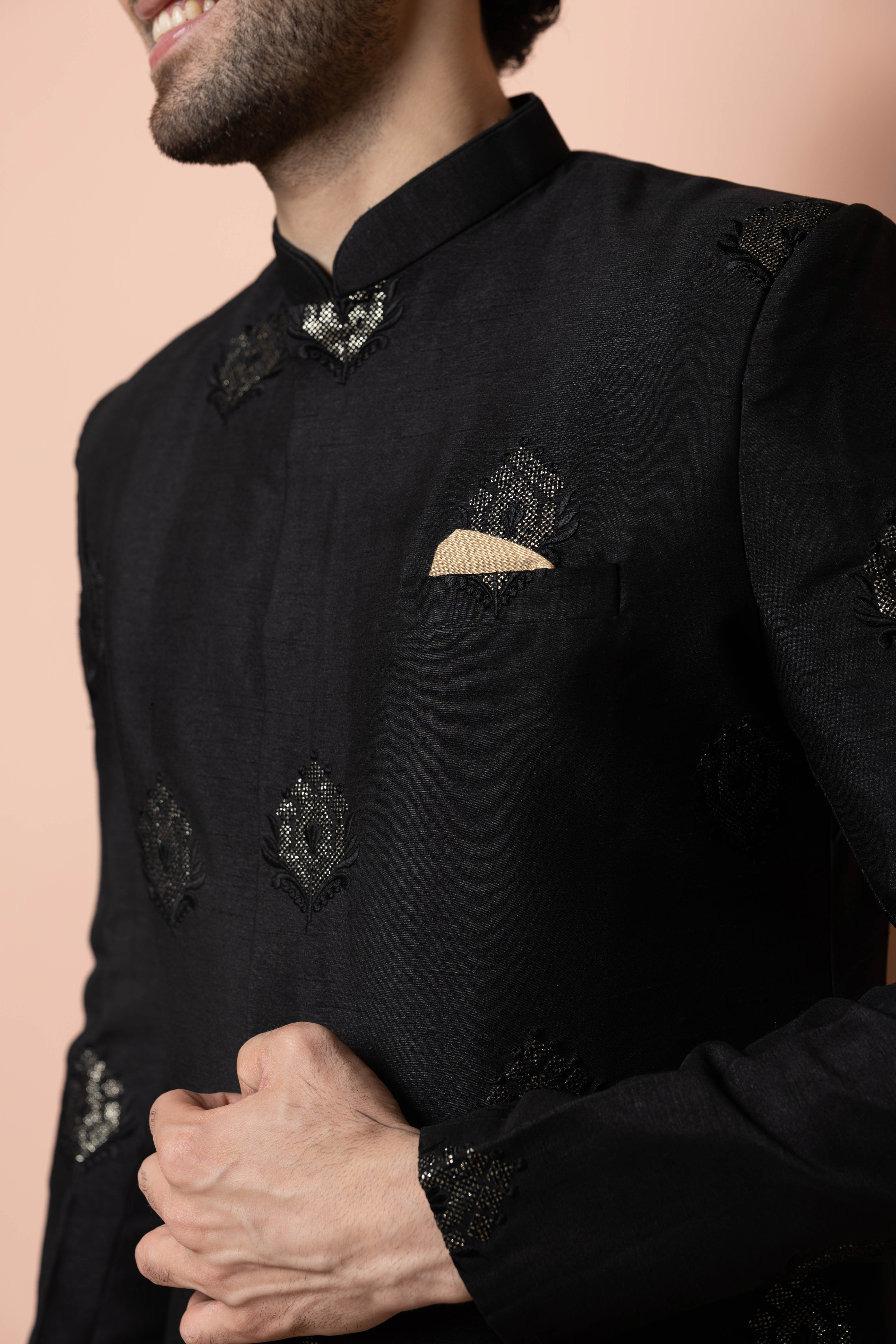 Men Black Embroidered Indowestern Dhoti Set - Image 5