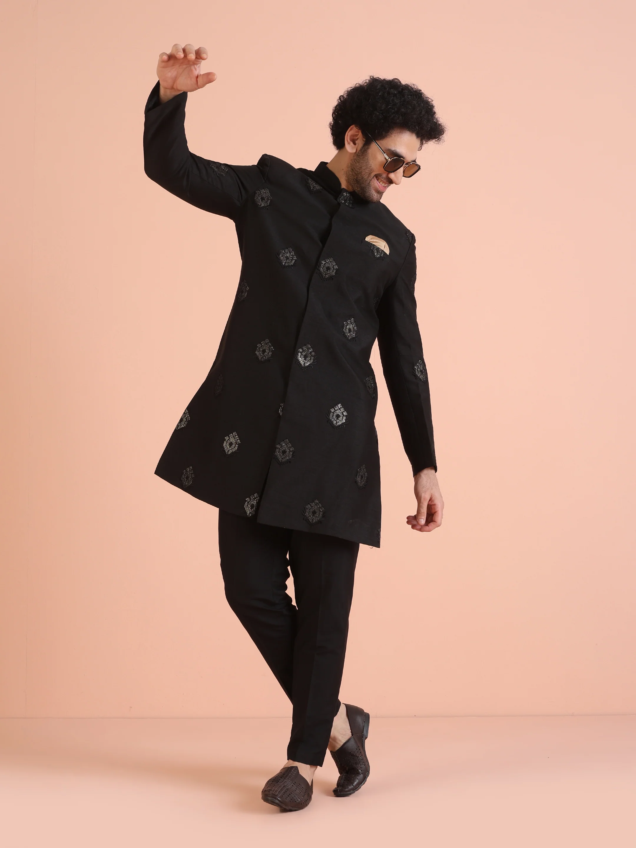 Men Black Jacquard Ethnic Motifs Indowestern Trouser Set