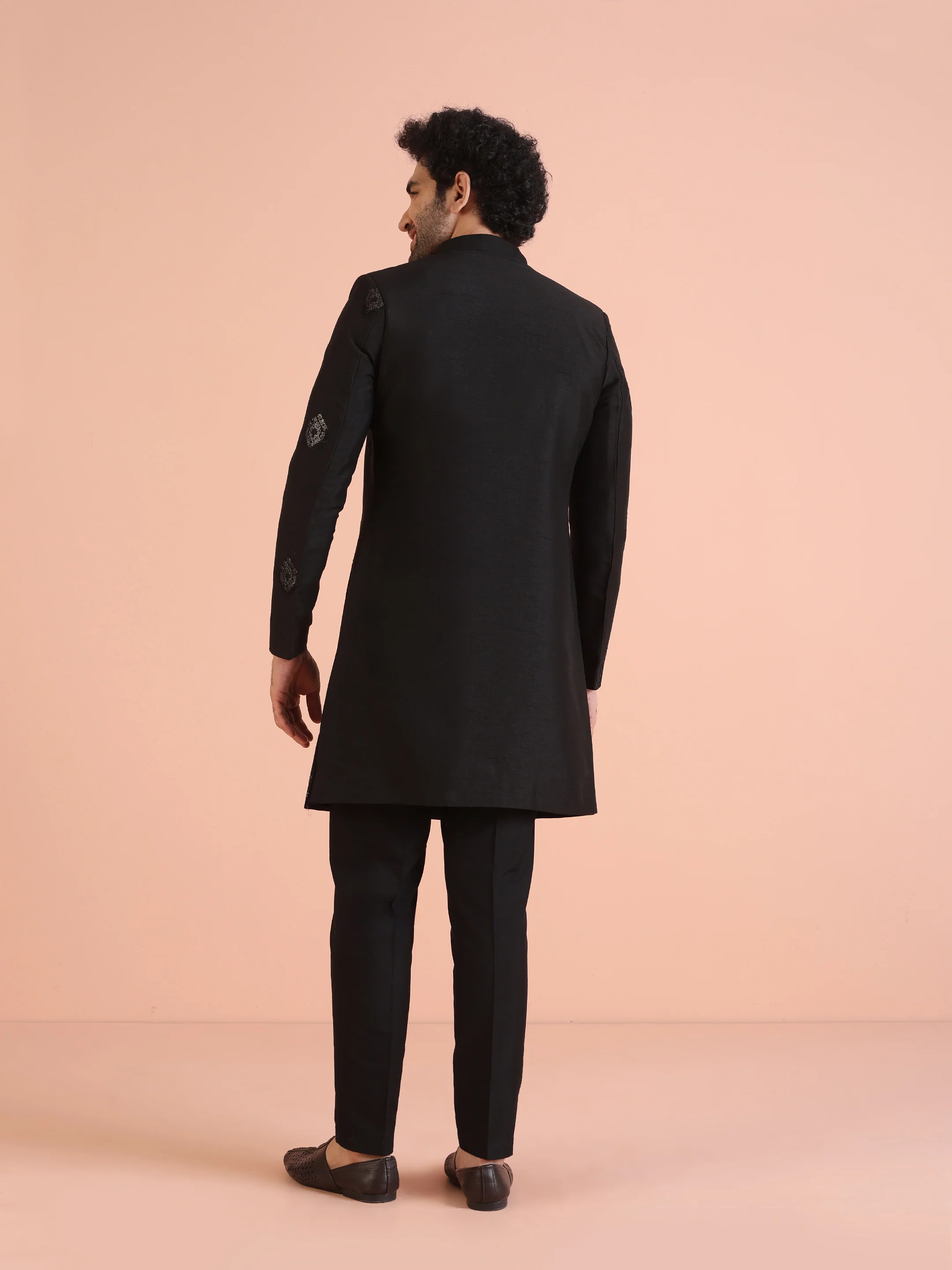 Men Black Jacquard Ethnic Motifs Indowestern Trouser Set - Image 4
