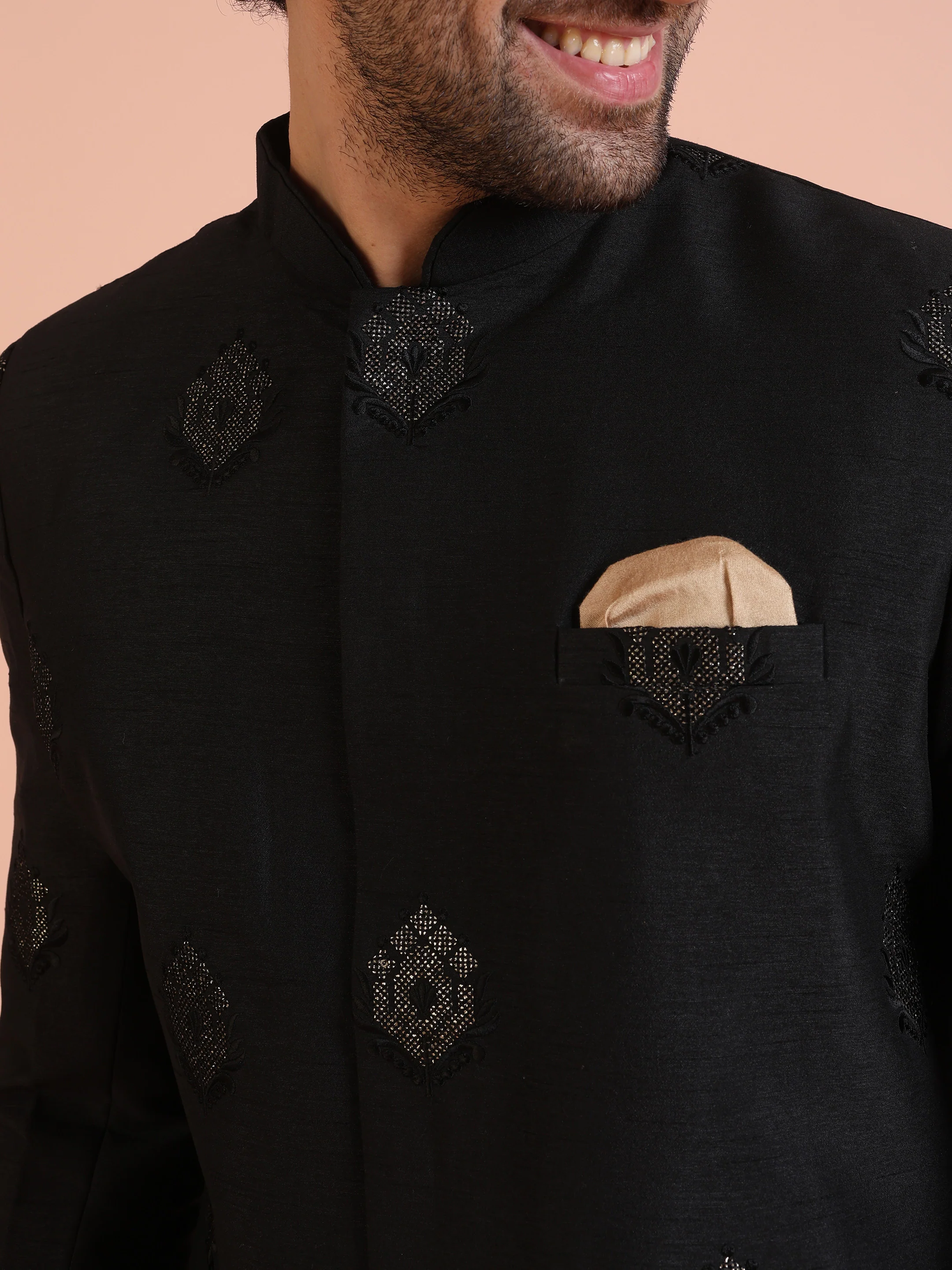 Men Black Jacquard Ethnic Motifs Indowestern Trouser Set - Image 5