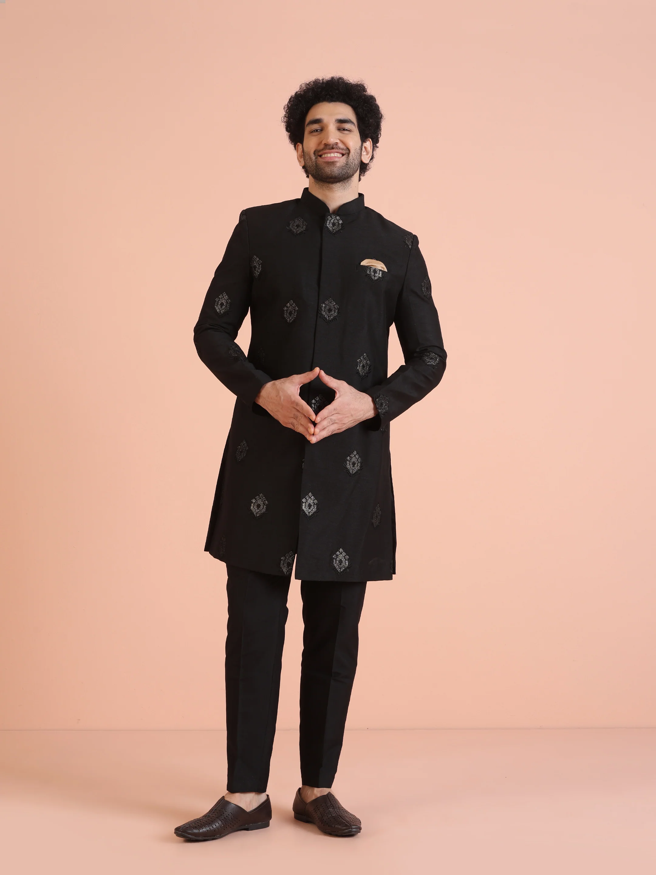 Men Black Jacquard Ethnic Motifs Indowestern Trouser Set - Image 7
