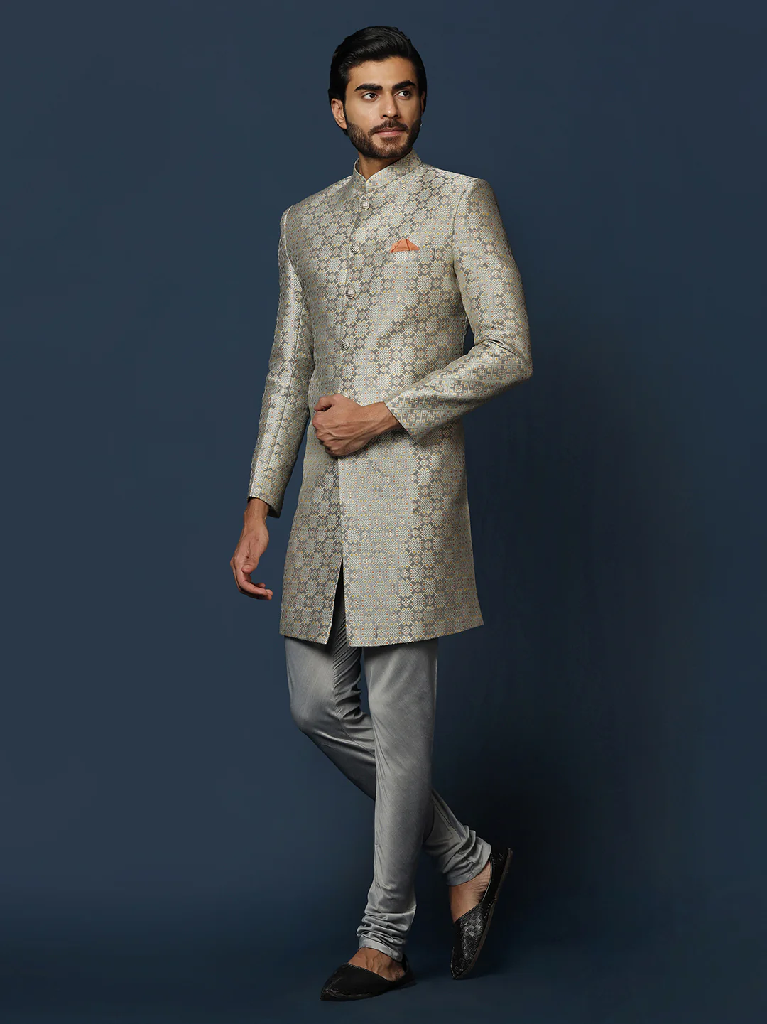 Grey Silk Blend Jacquard Sherwani with Churidar - Image 2