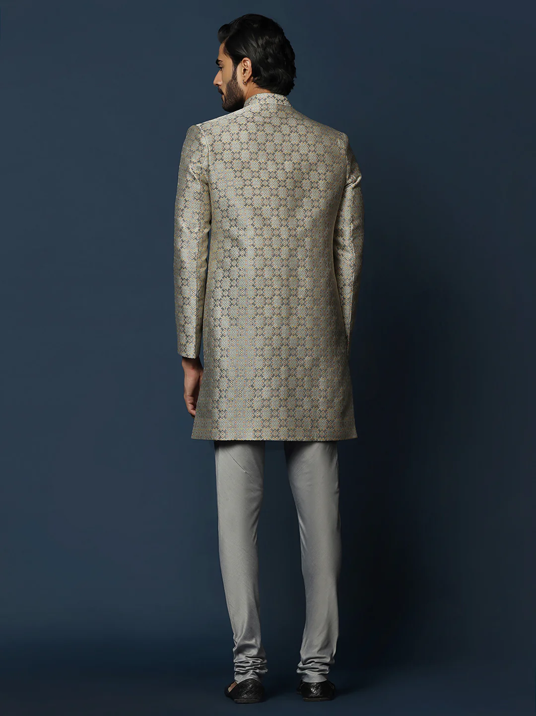 Grey Silk Blend Jacquard Sherwani with Churidar - Image 4