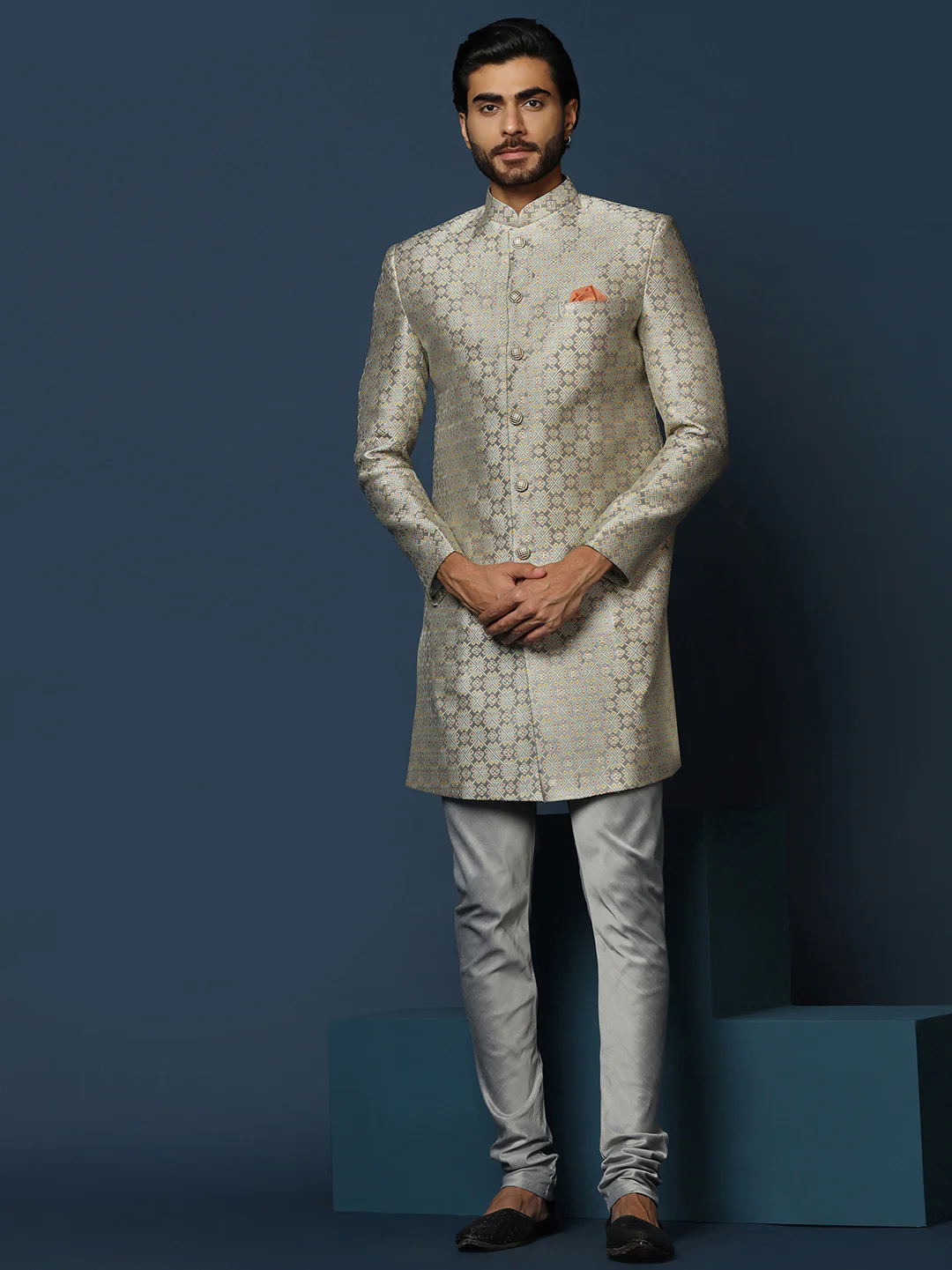 Grey Silk Blend Jacquard Sherwani with Churidar - Image 7
