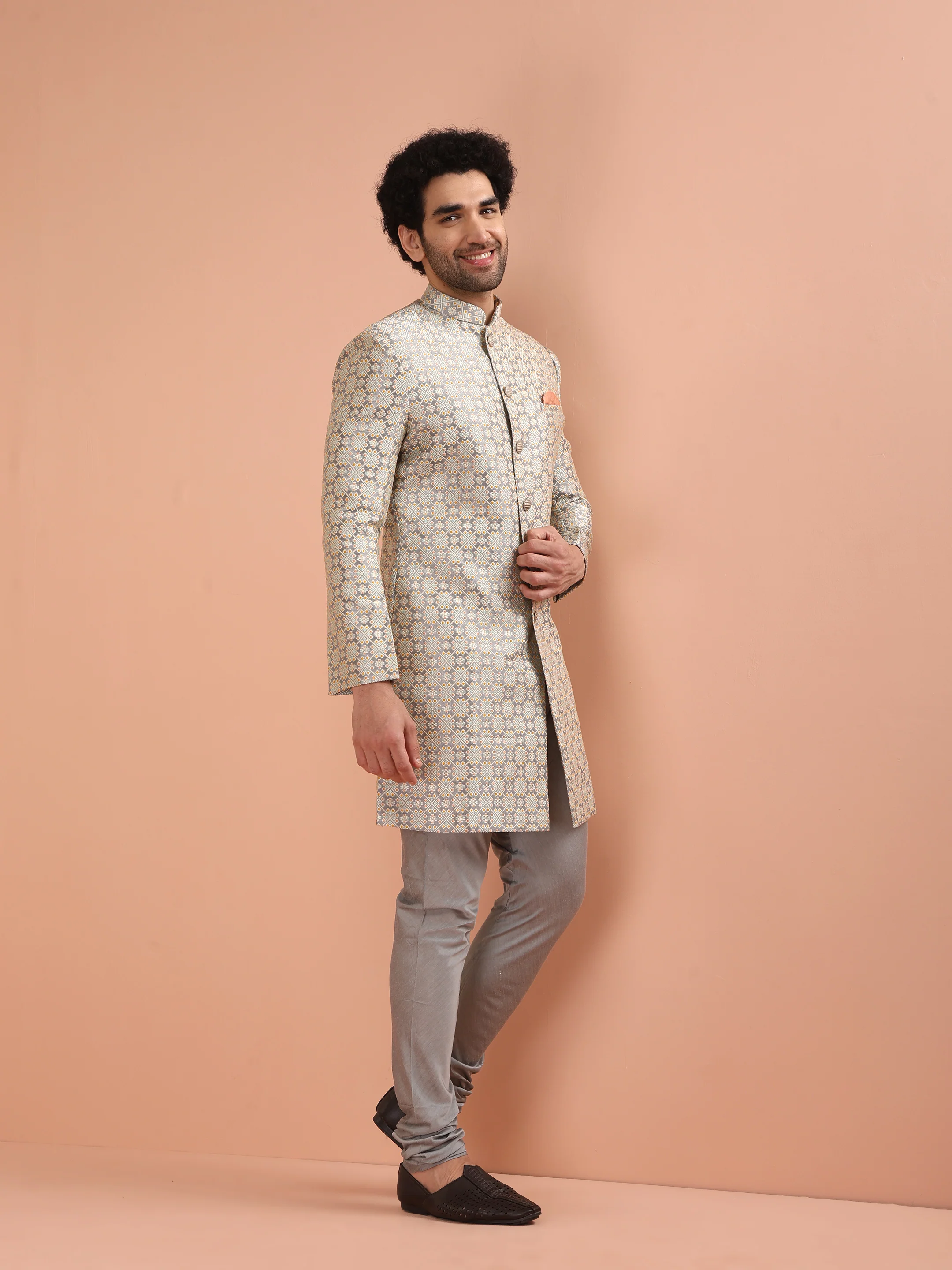 Cream Jacquard Sherwani Churidar Set - Image 3