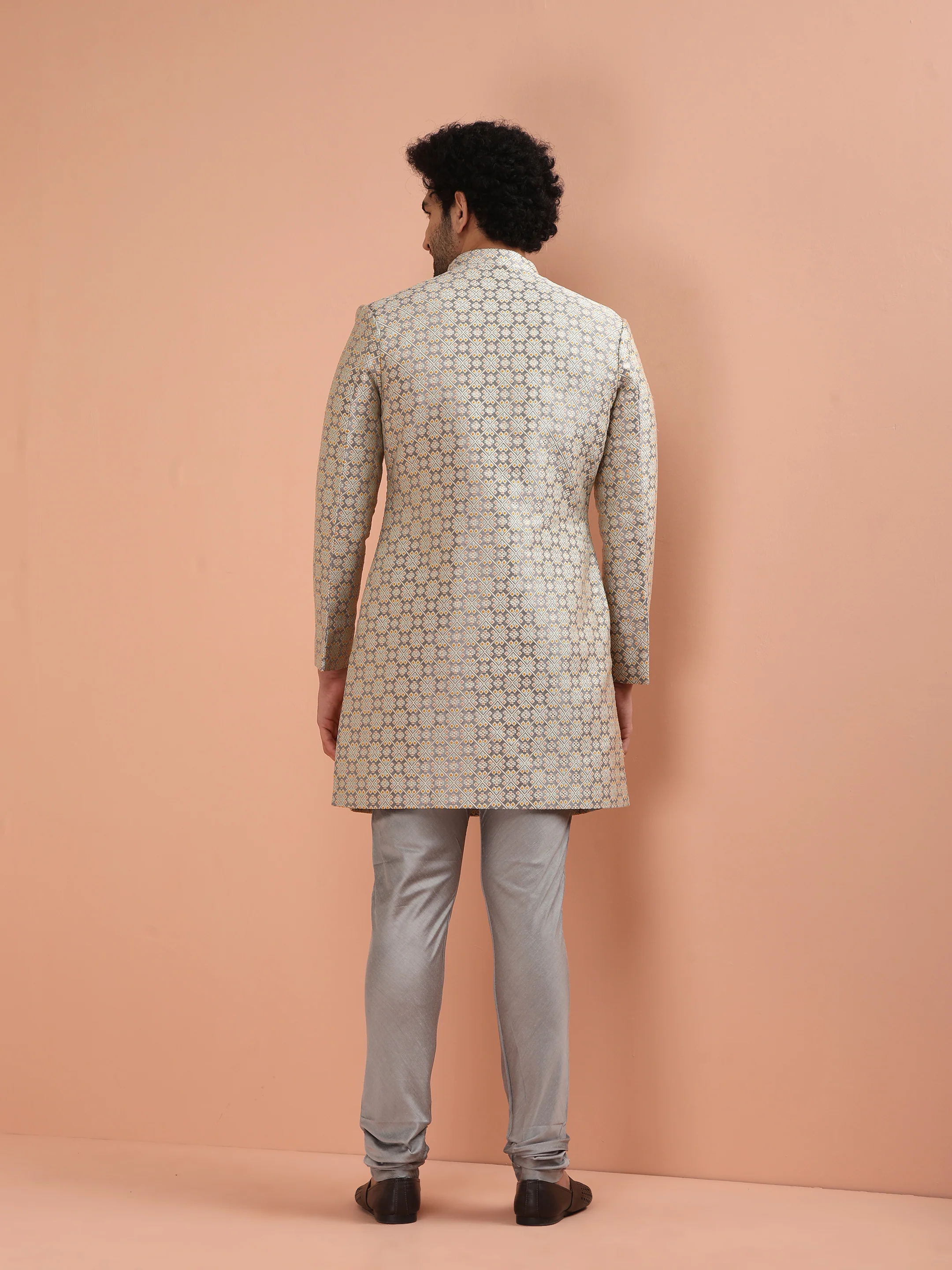 Cream Jacquard Sherwani Churidar Set - Image 4