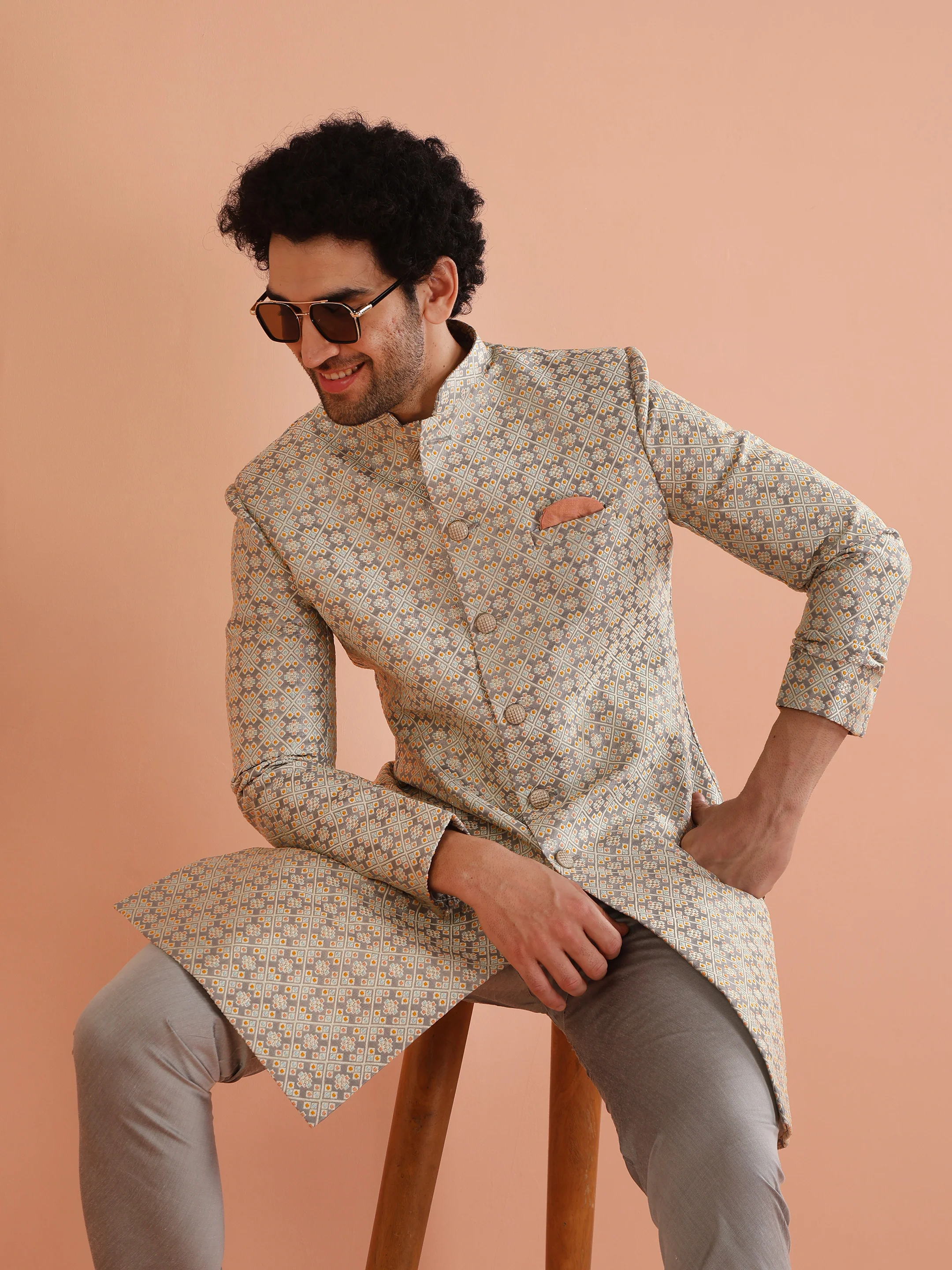Cream Jacquard Sherwani Churidar Set - Image 7