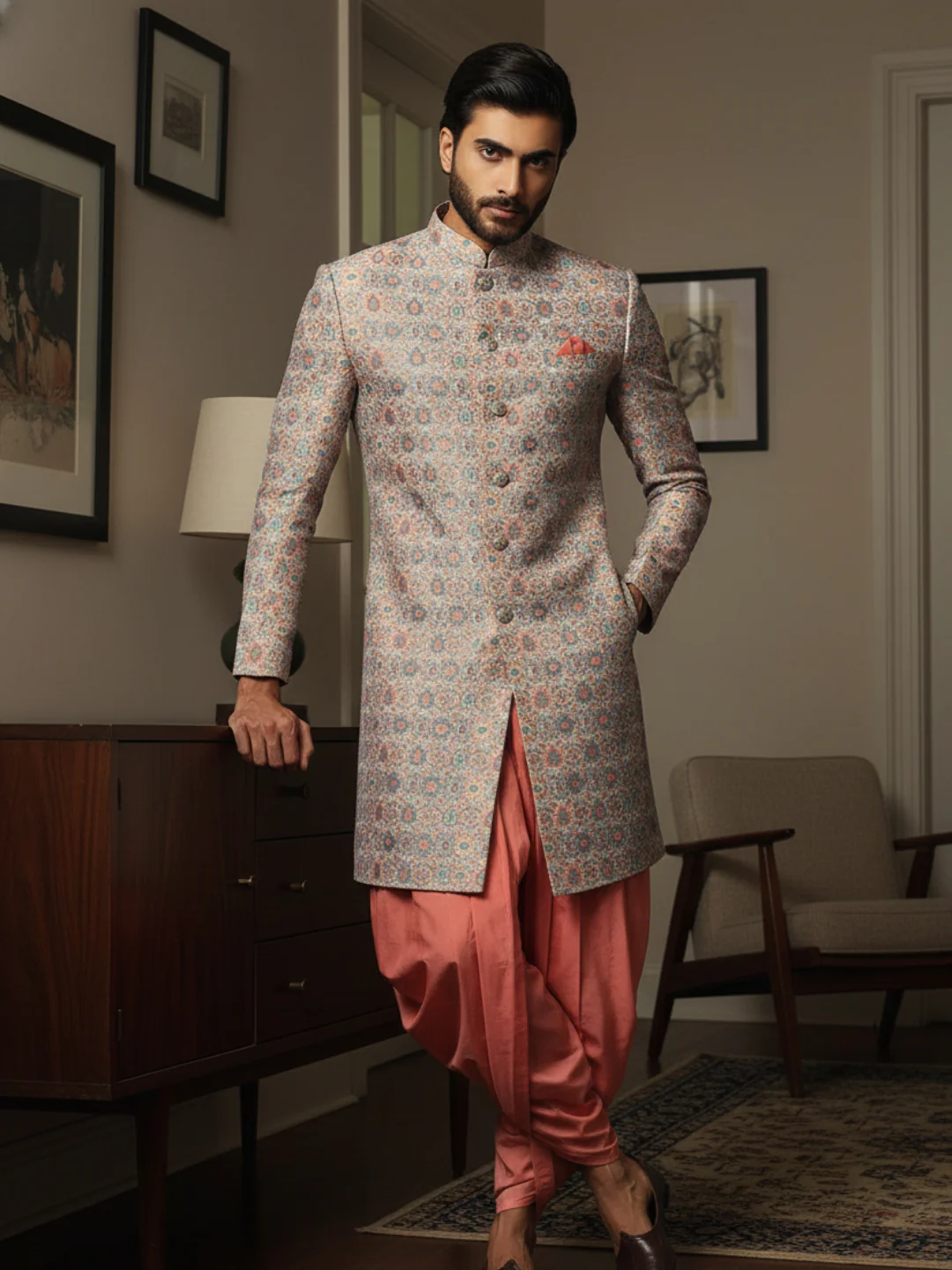 Grey Printed Sherwani with Peach Dhoti - Image 2