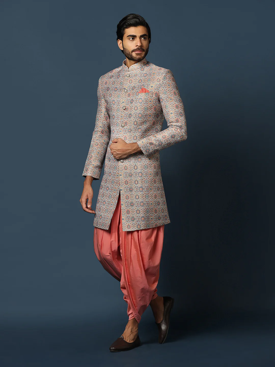 Grey Printed Sherwani with Peach Dhoti - Image 3
