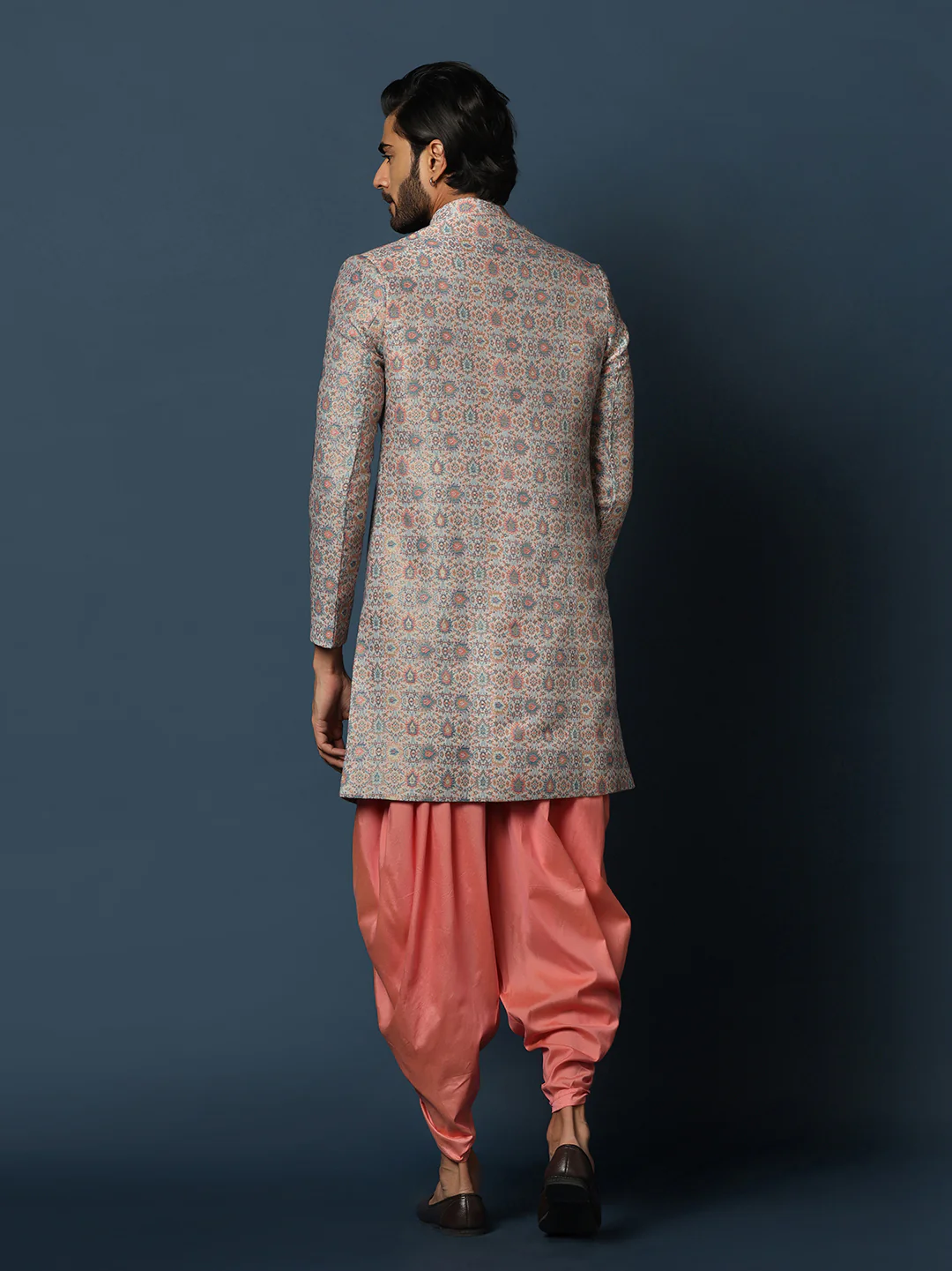 Grey Printed Sherwani with Peach Dhoti - Image 5