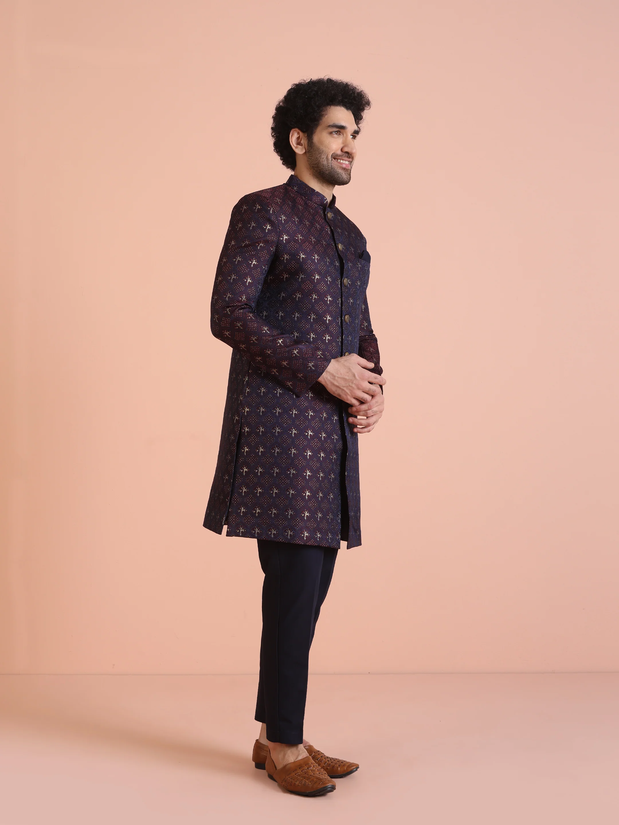 Men Purple & Wine Textured Indowestern Trouser Set - Image 2