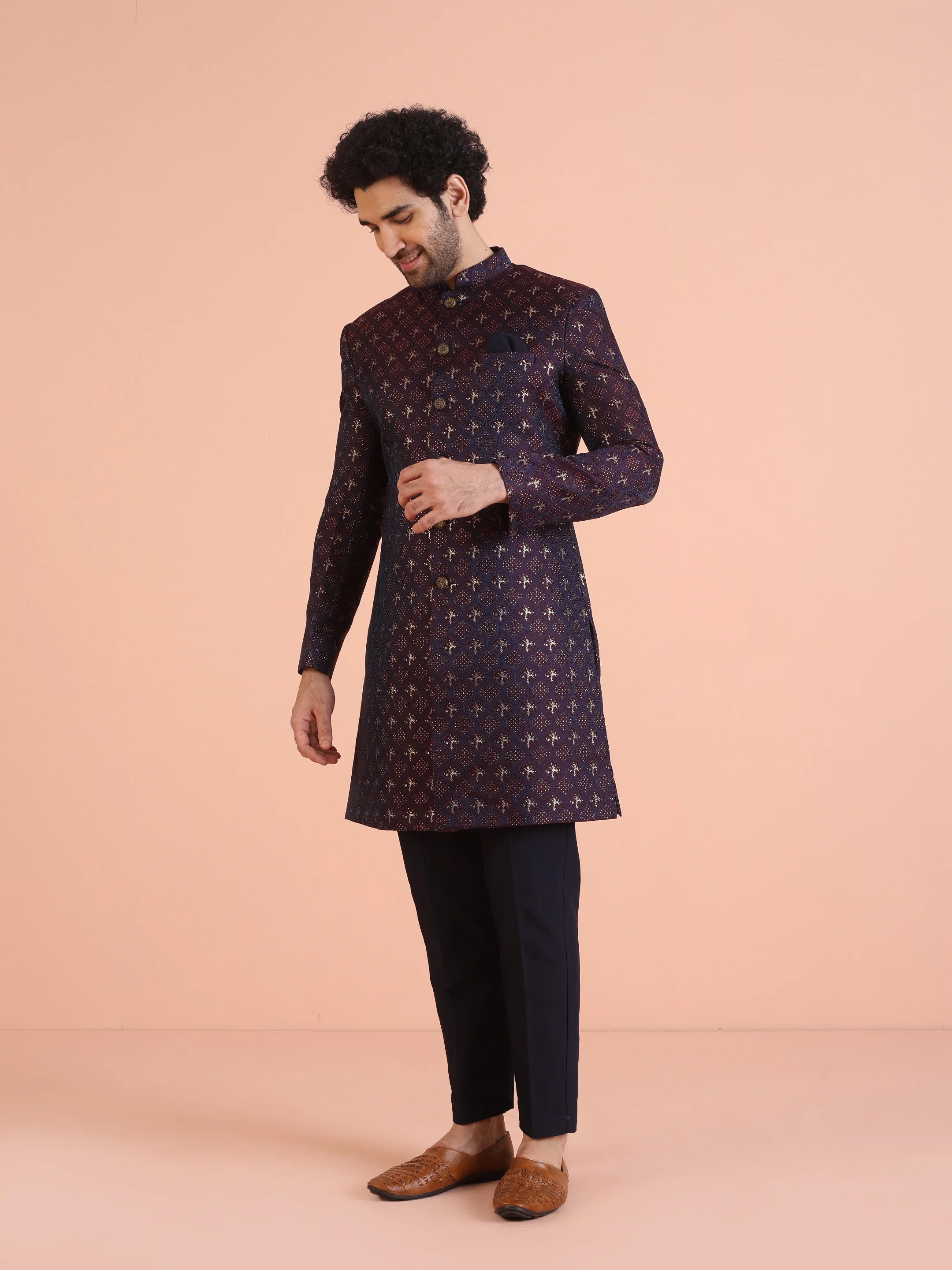Men Purple & Wine Textured Indowestern Trouser Set - Image 3