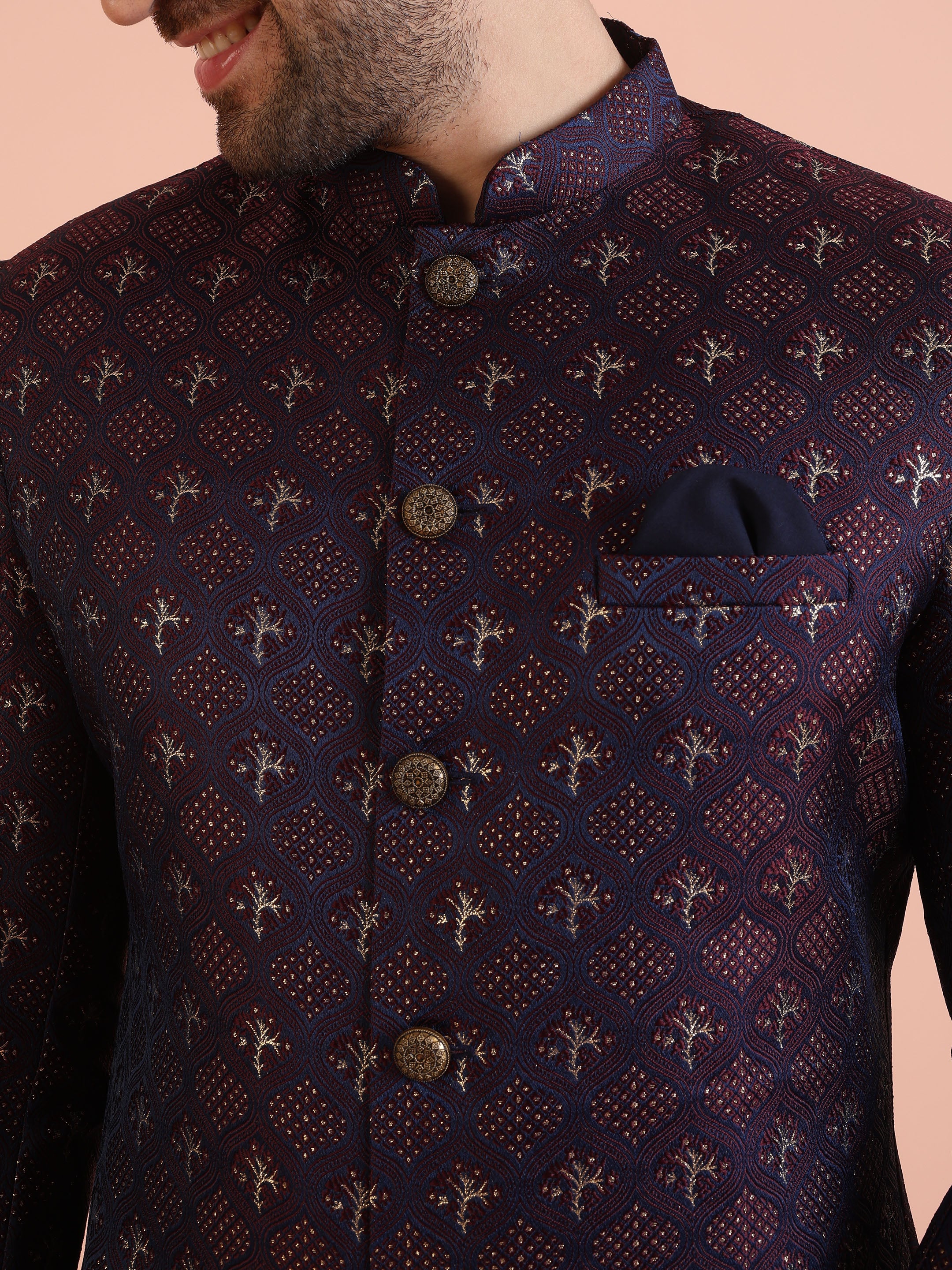 Men Purple & Wine Textured Indowestern Trouser Set - Image 5