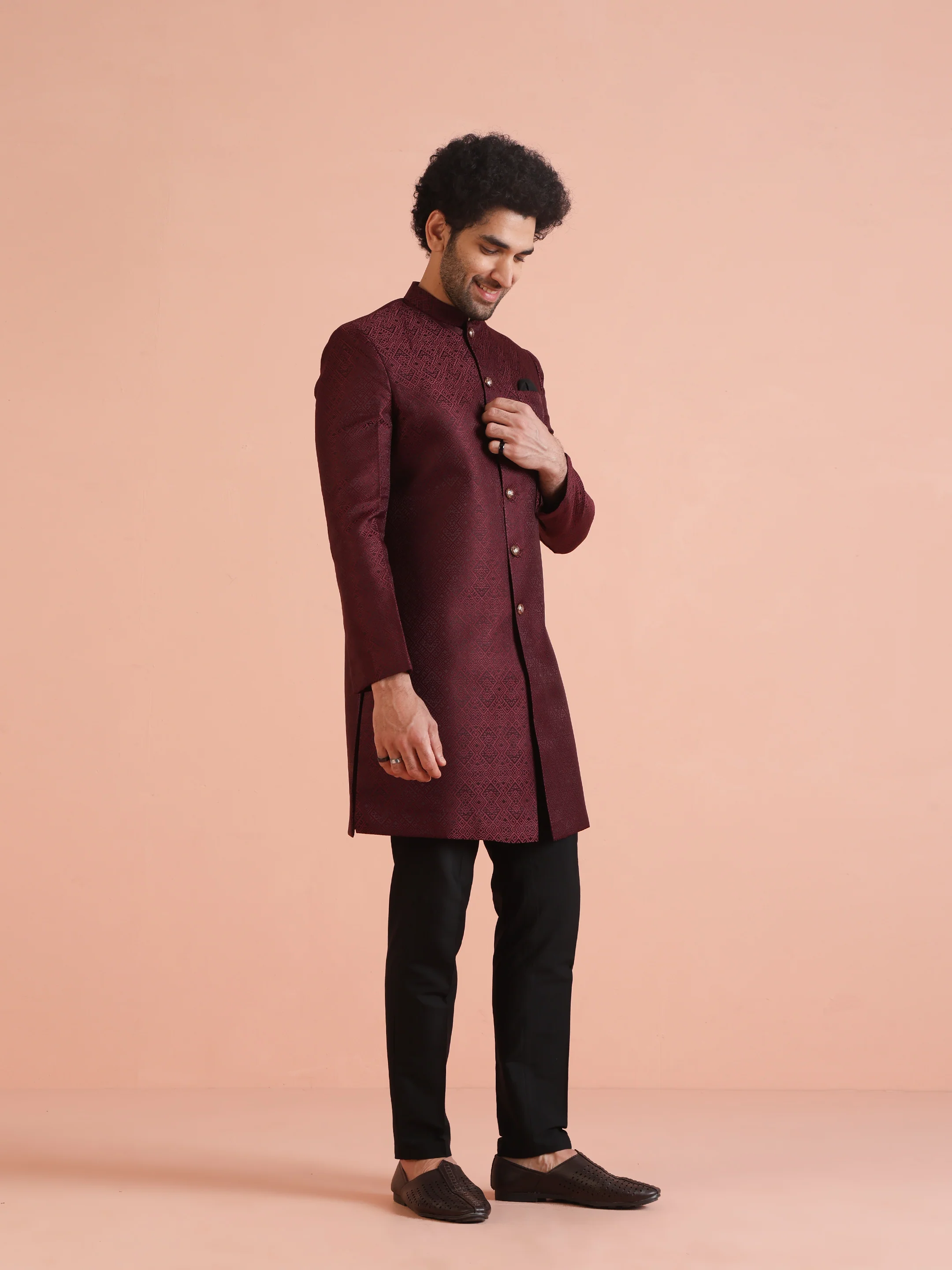 Maroon Textured Sherwani Trouser Set - Image 3