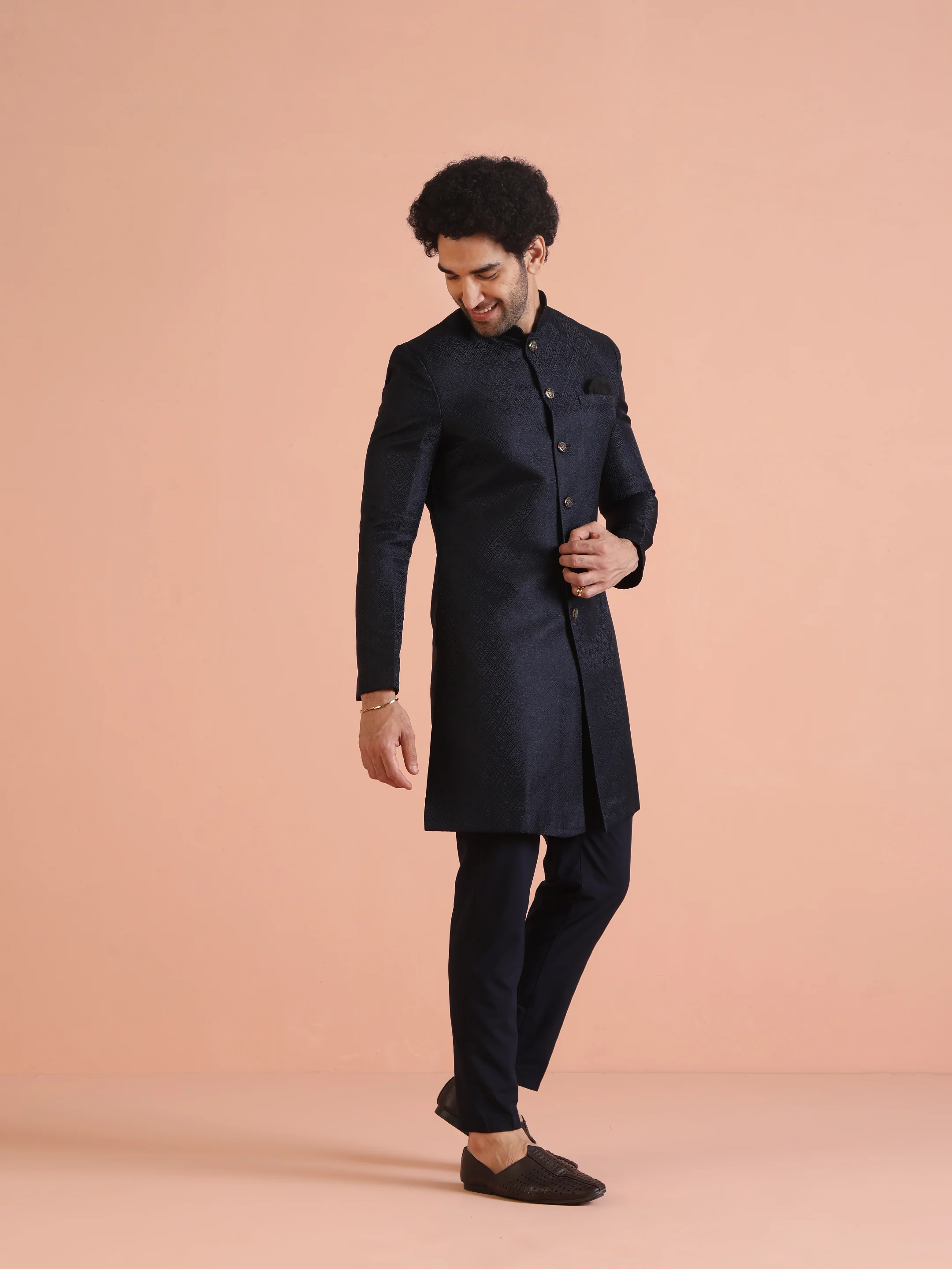 Navy Blue Textured Sherwani Trouser Set - Image 4