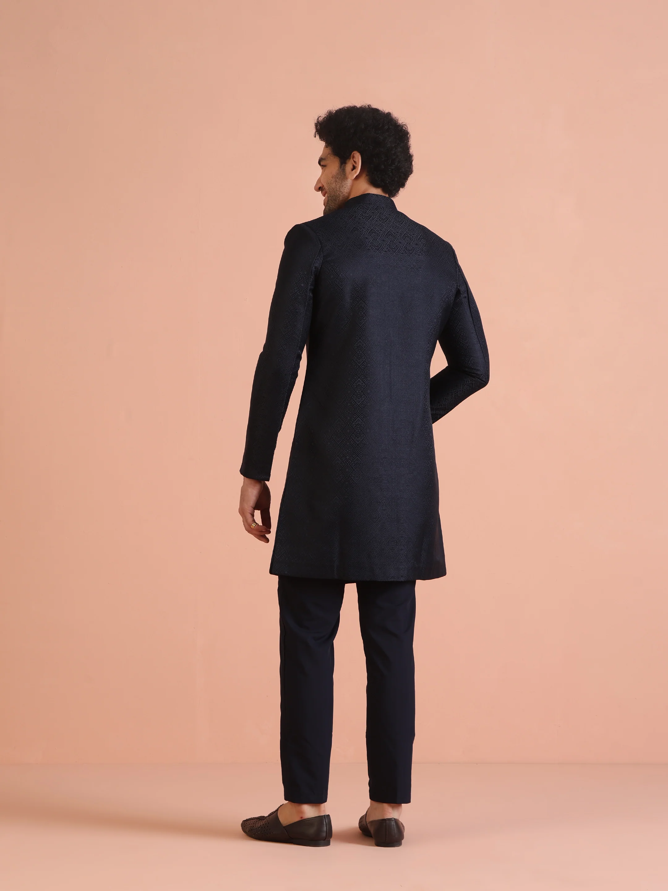 Navy Blue Textured Sherwani Trouser Set - Image 5