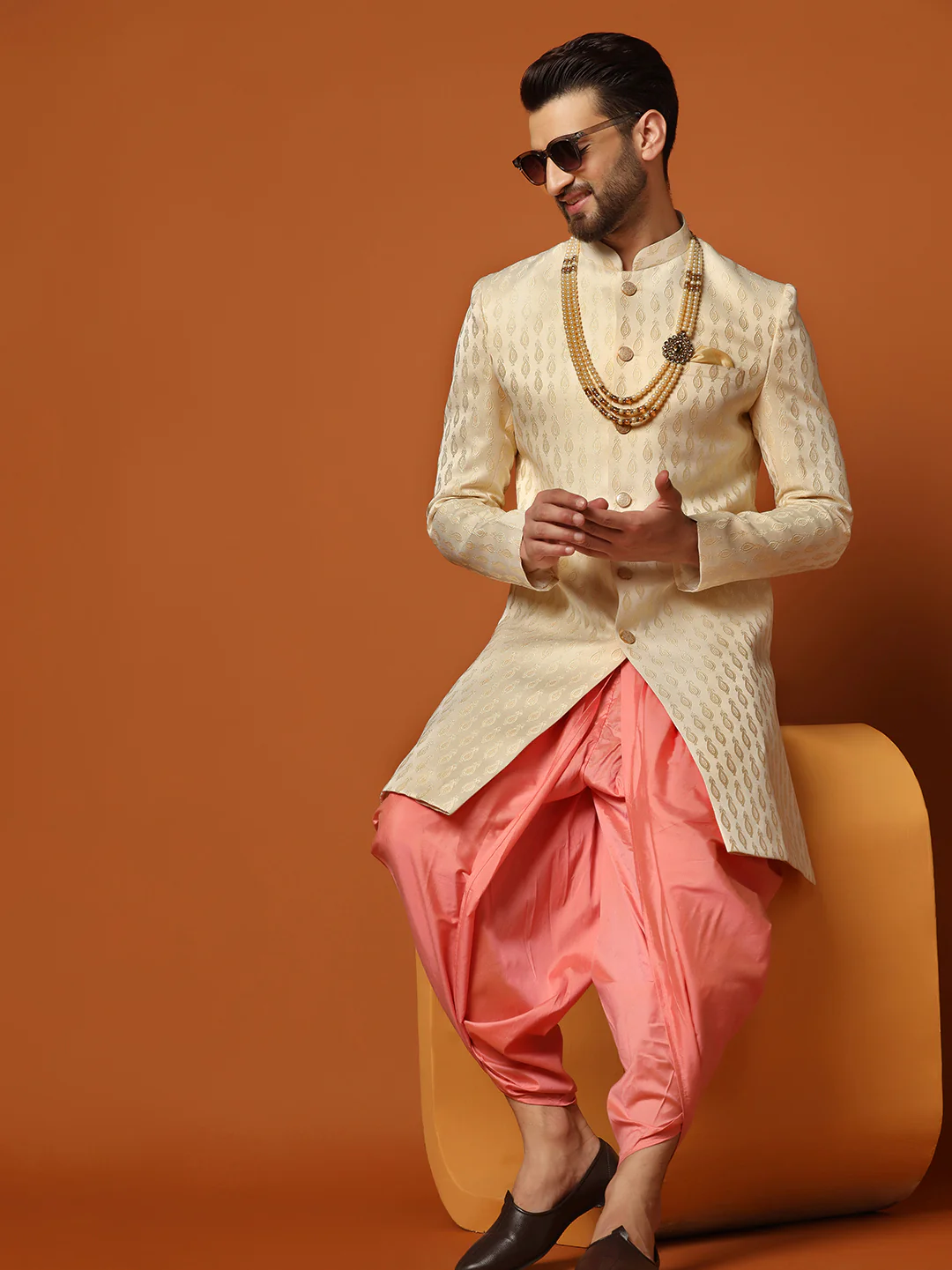 Men's Cream Indowestern Set With Dhoti - Image 7