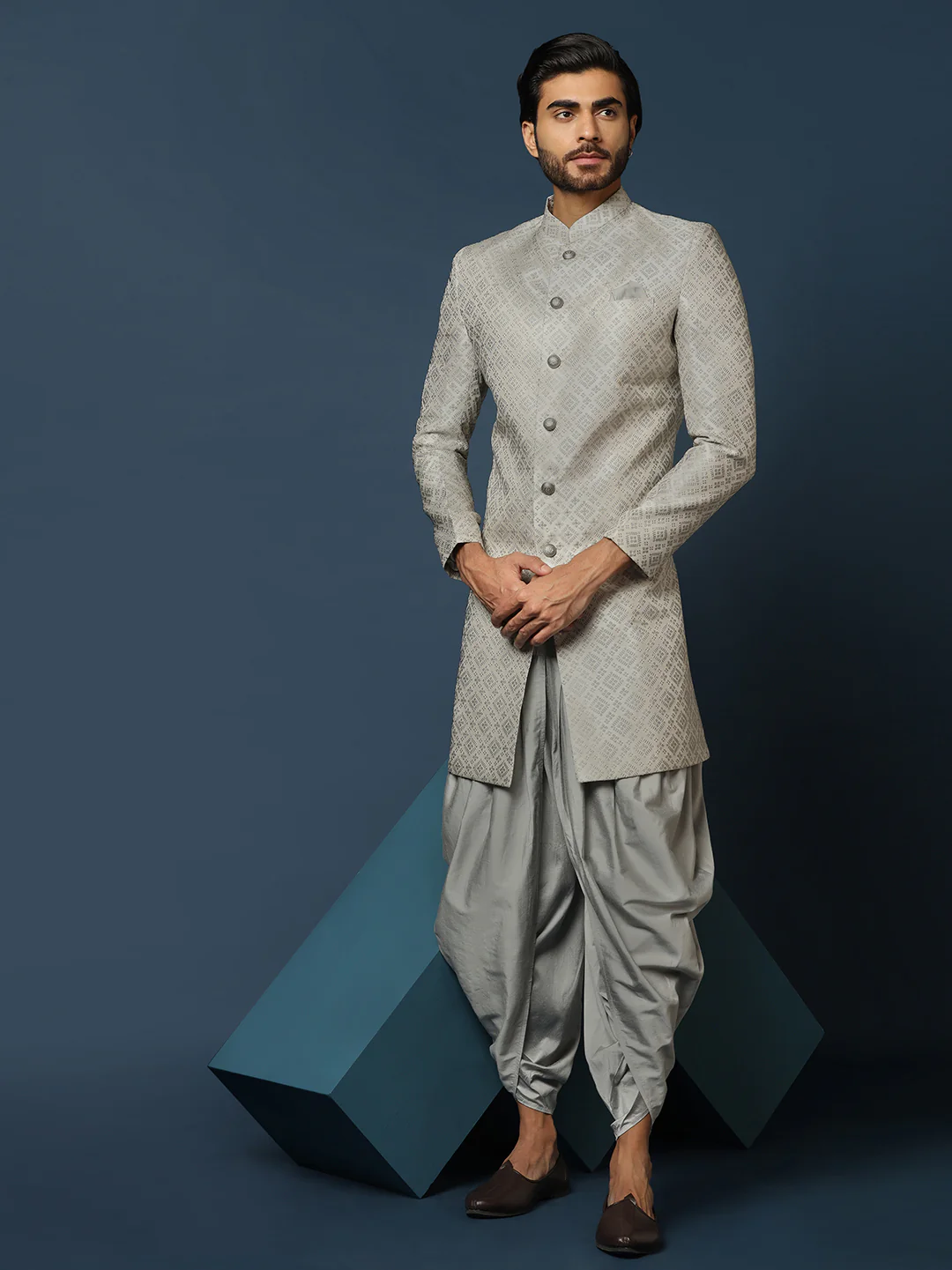 Grey Silk Blend Geometric Indowestern Sherwani with Dhoti - Image 7