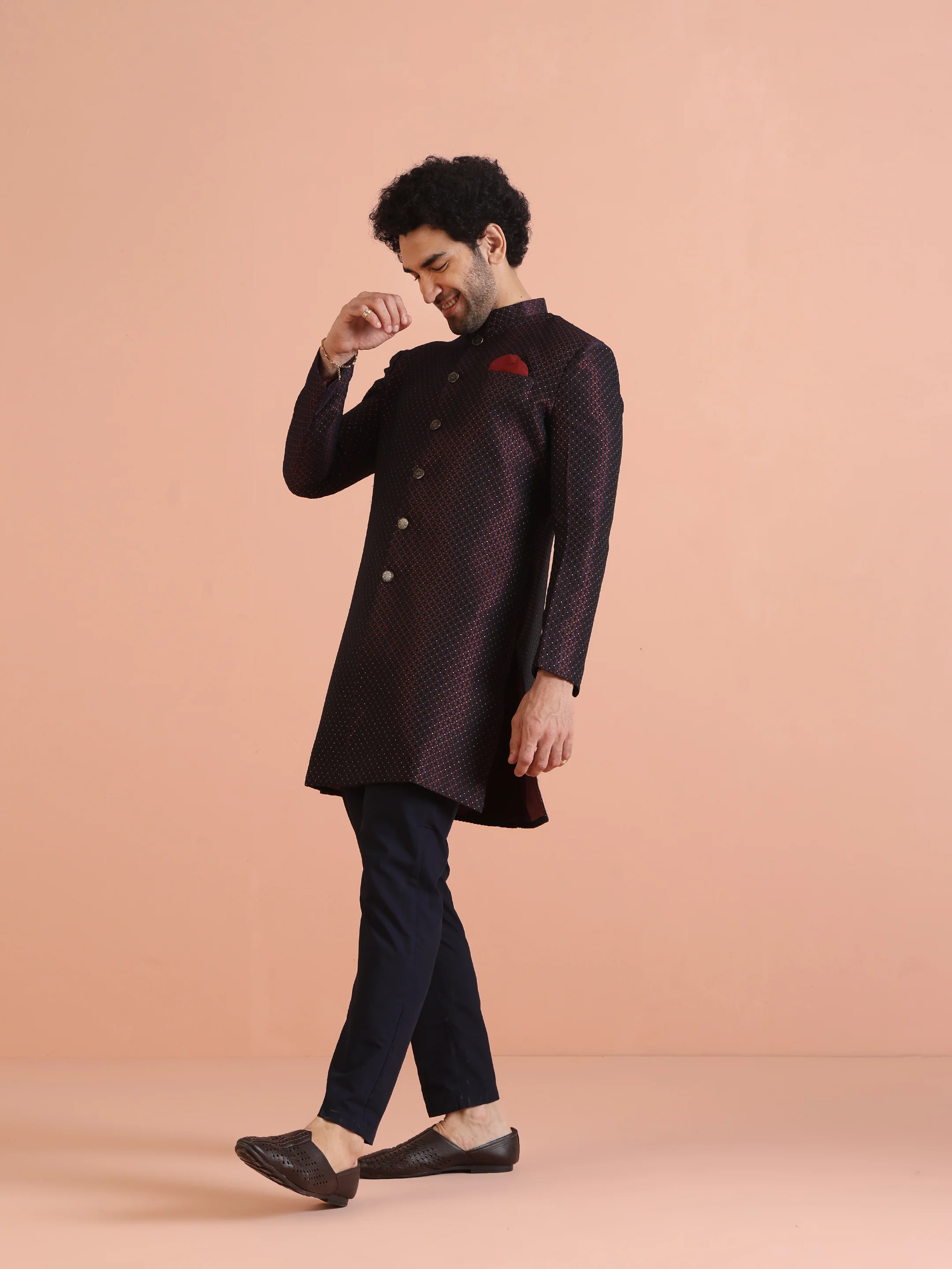Maroon Black Textured Sherwani Trouser Set - Image 3
