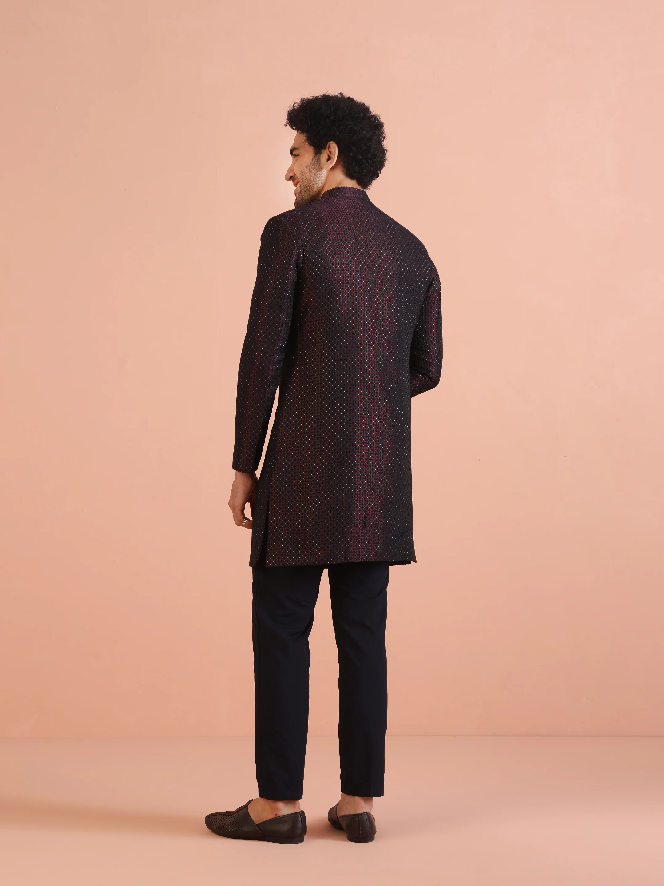 Maroon Black Textured Sherwani Trouser Set - Image 4
