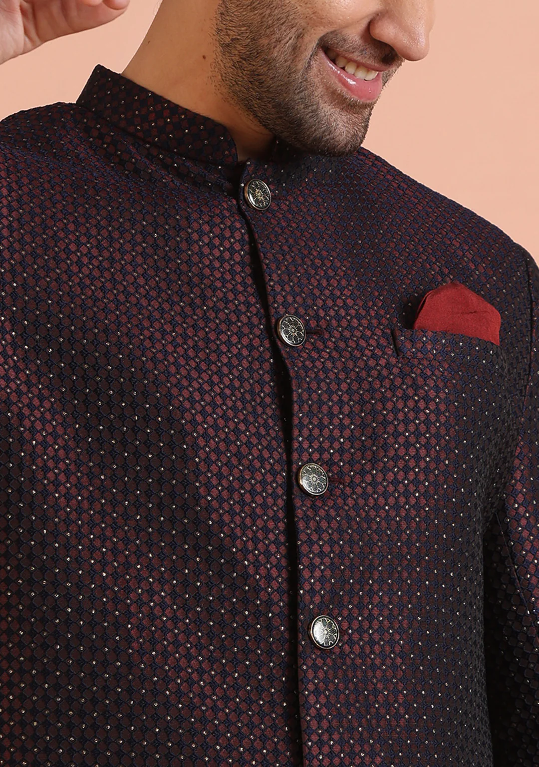 Maroon Black Textured Sherwani Trouser Set - Image 5