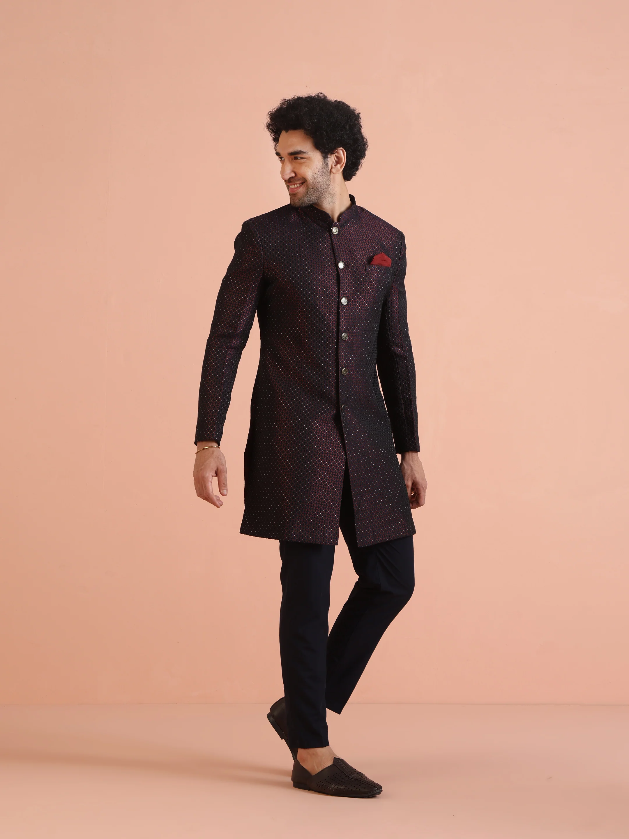 Maroon Black Textured Sherwani Trouser Set - Image 8