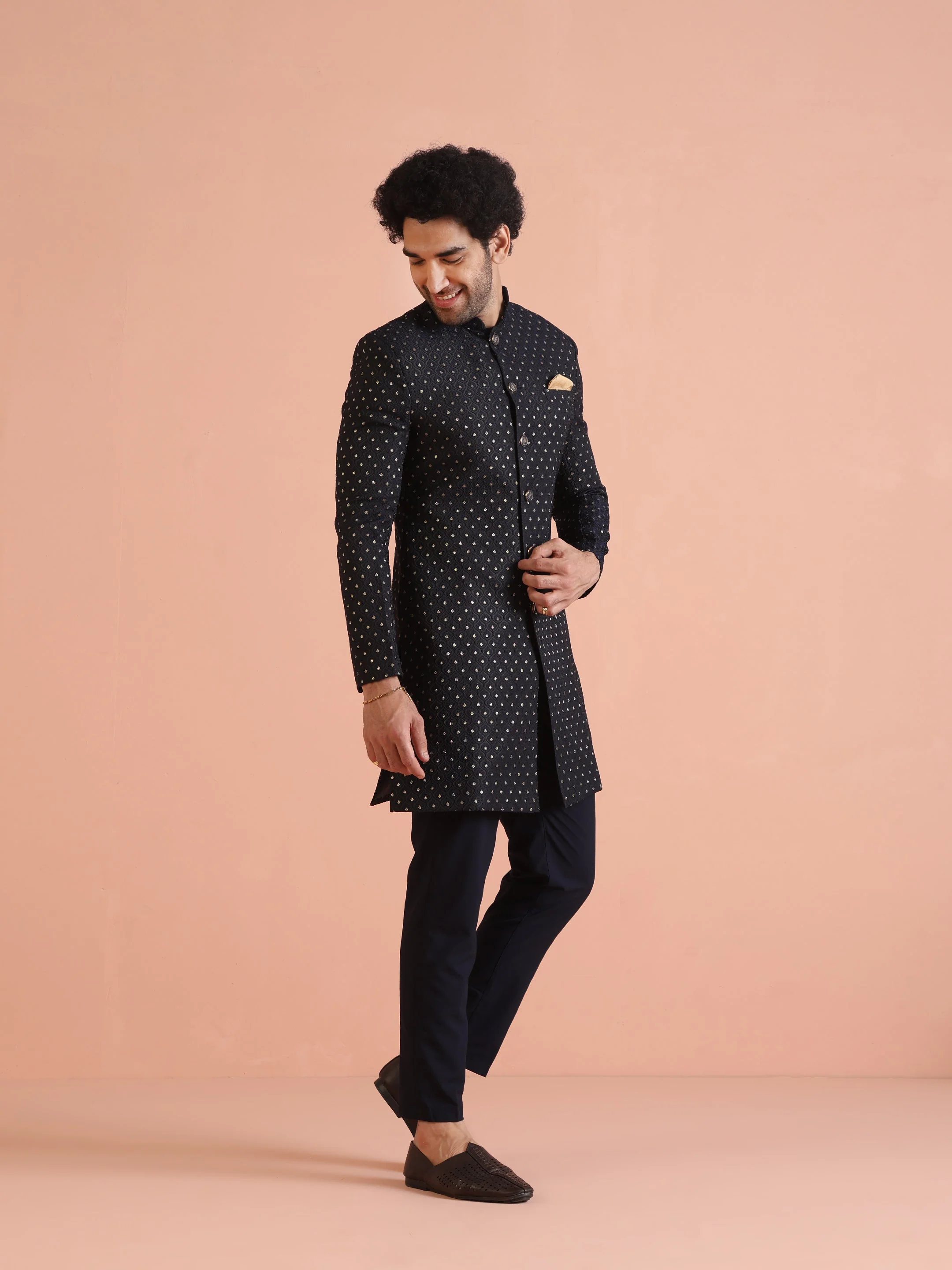 Men Navy Blue Embellished Indowestern Trouser Set - Image 11