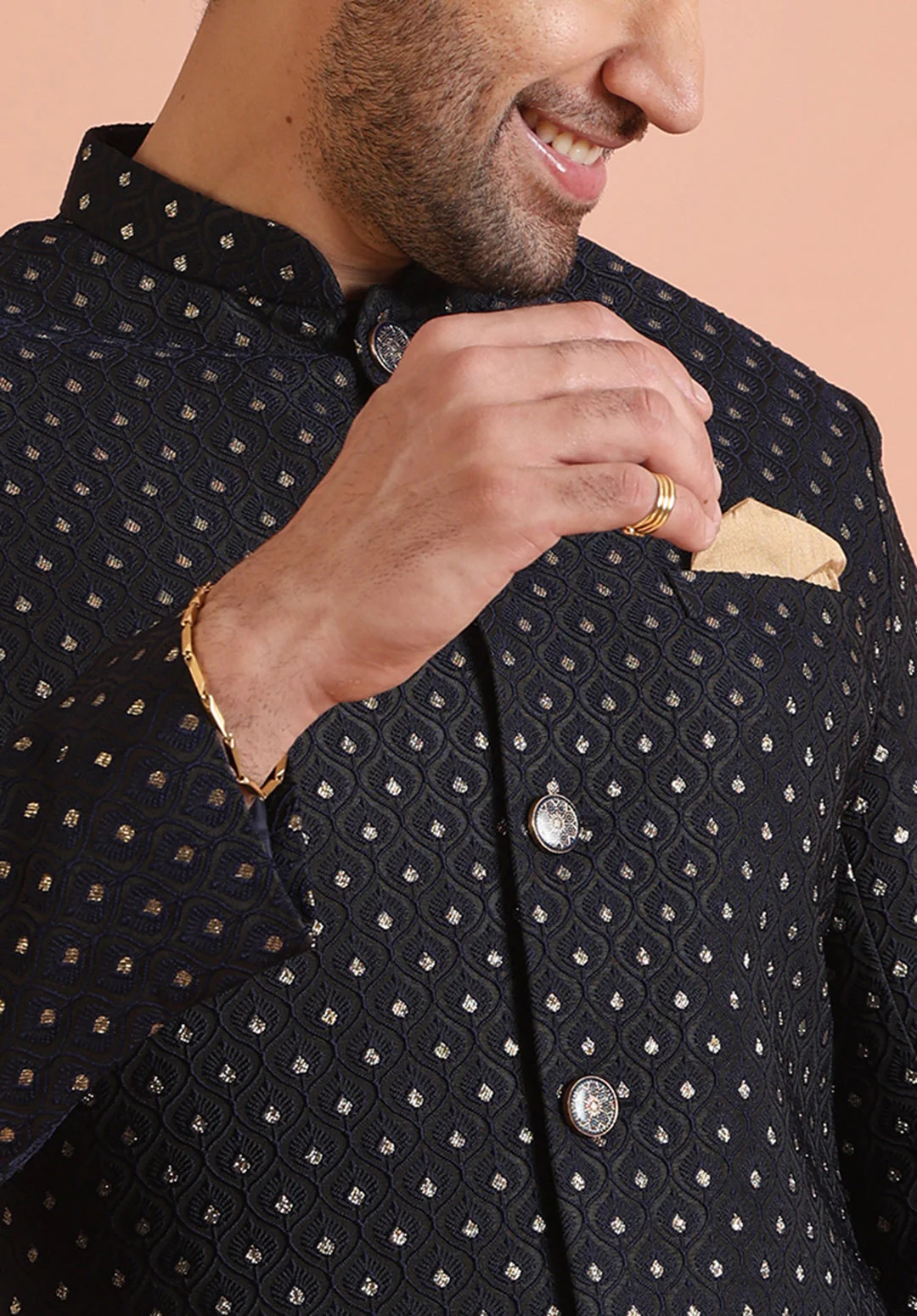 Men Navy Blue Embellished Indowestern Trouser Set - Image 13