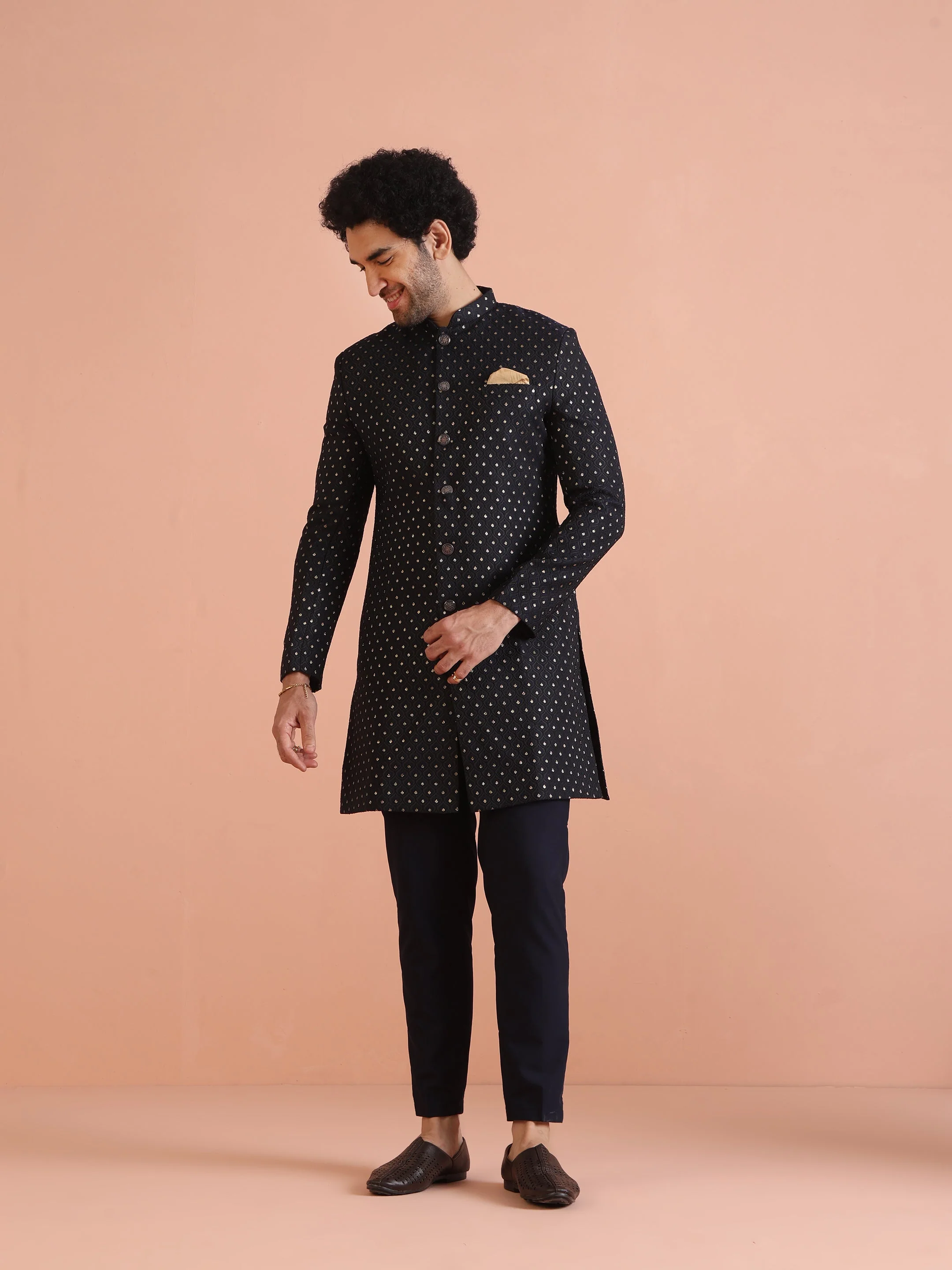Men Navy Blue Embellished Indowestern Trouser Set - Image 15