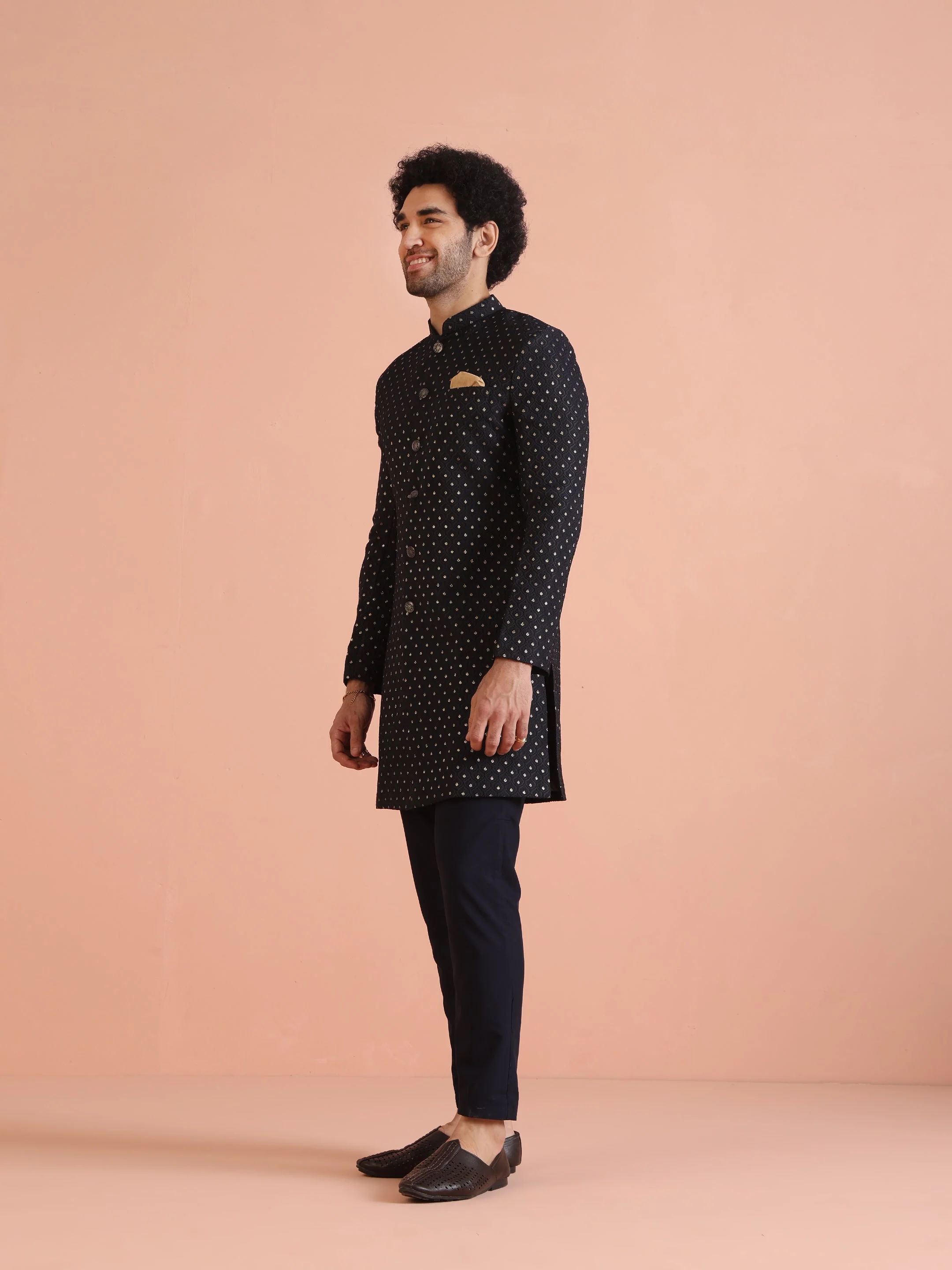 Men Navy Blue Embellished Indowestern Trouser Set - Image 17