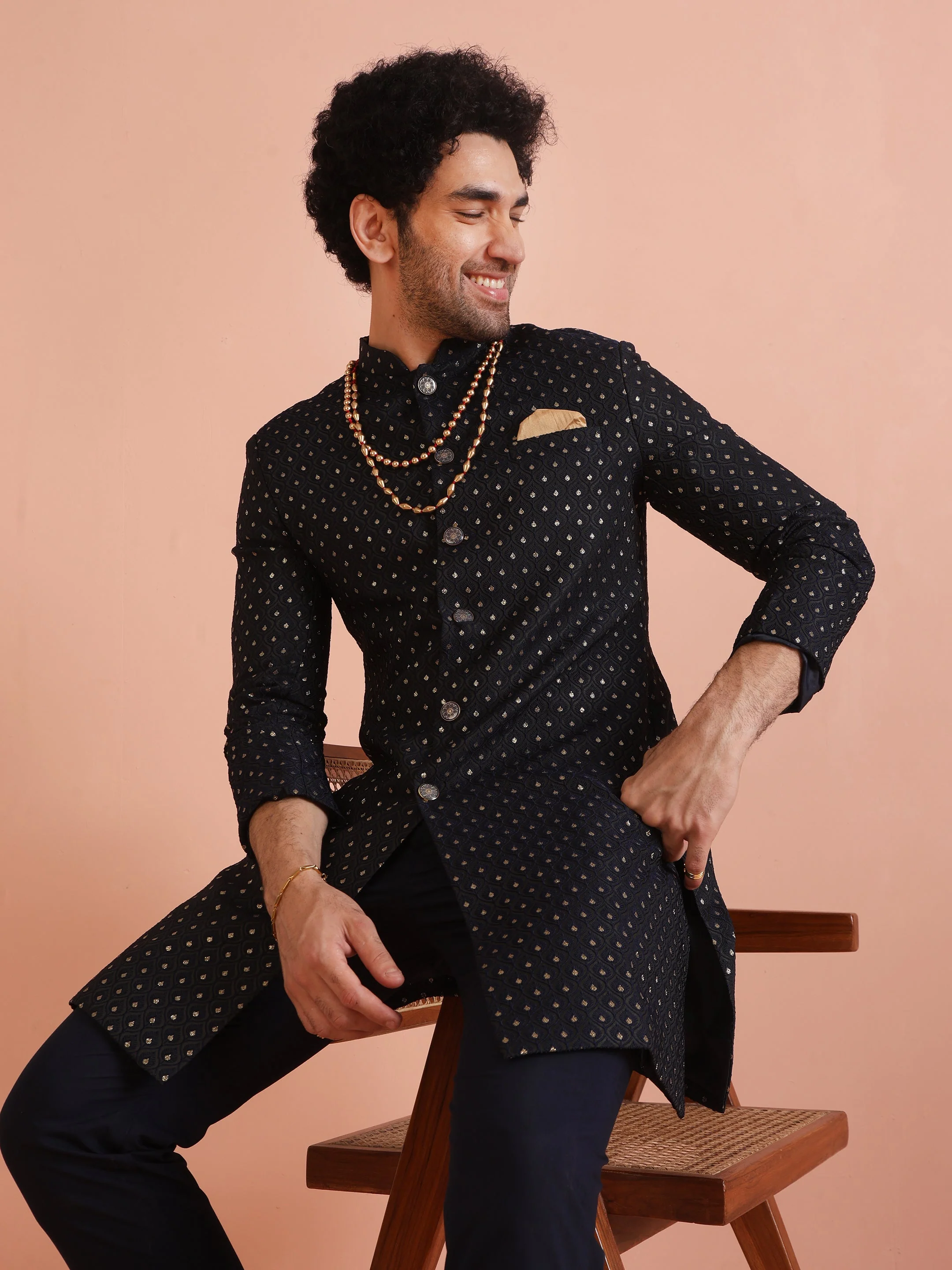 Men Navy Blue Embellished Indowestern Trouser Set - Image 21