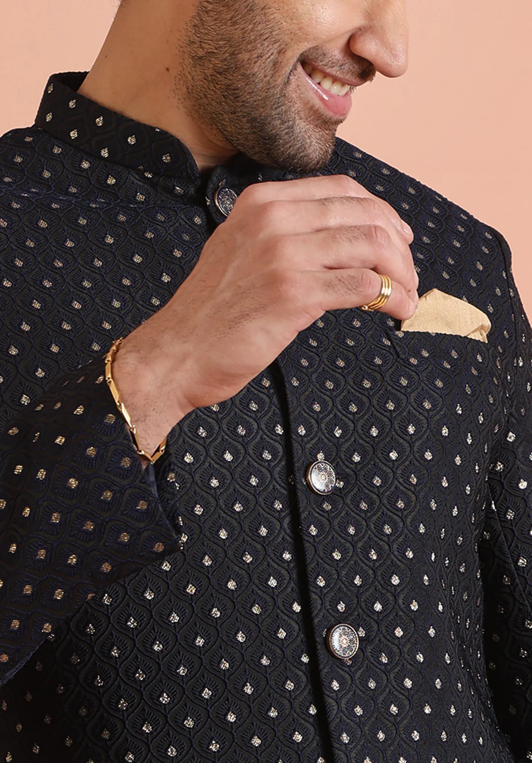 Men Navy Blue Embellished Indowestern Trouser Set - Image 5