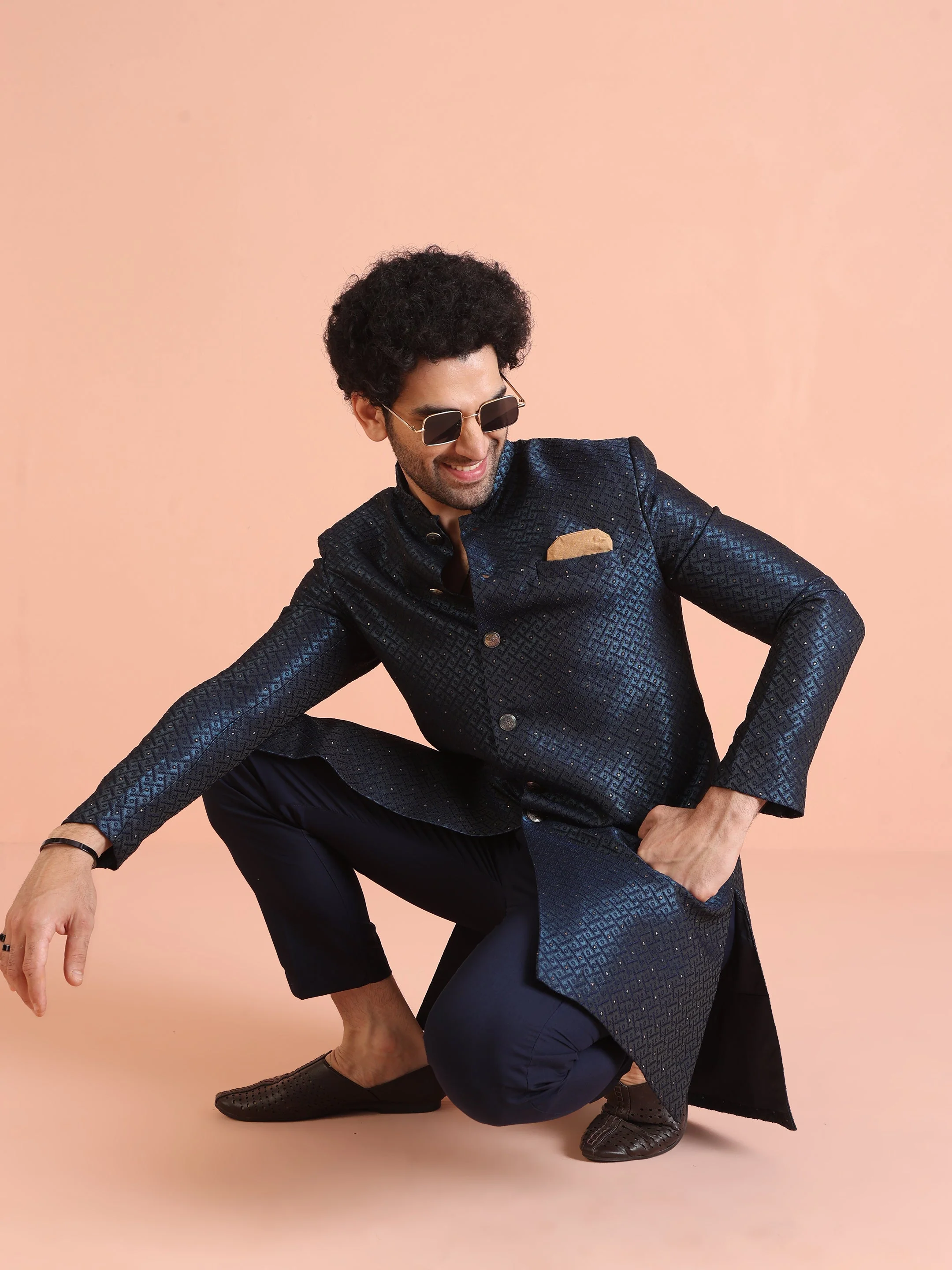 Navy Blue Textured Sherwani Trouser Set - Image 10