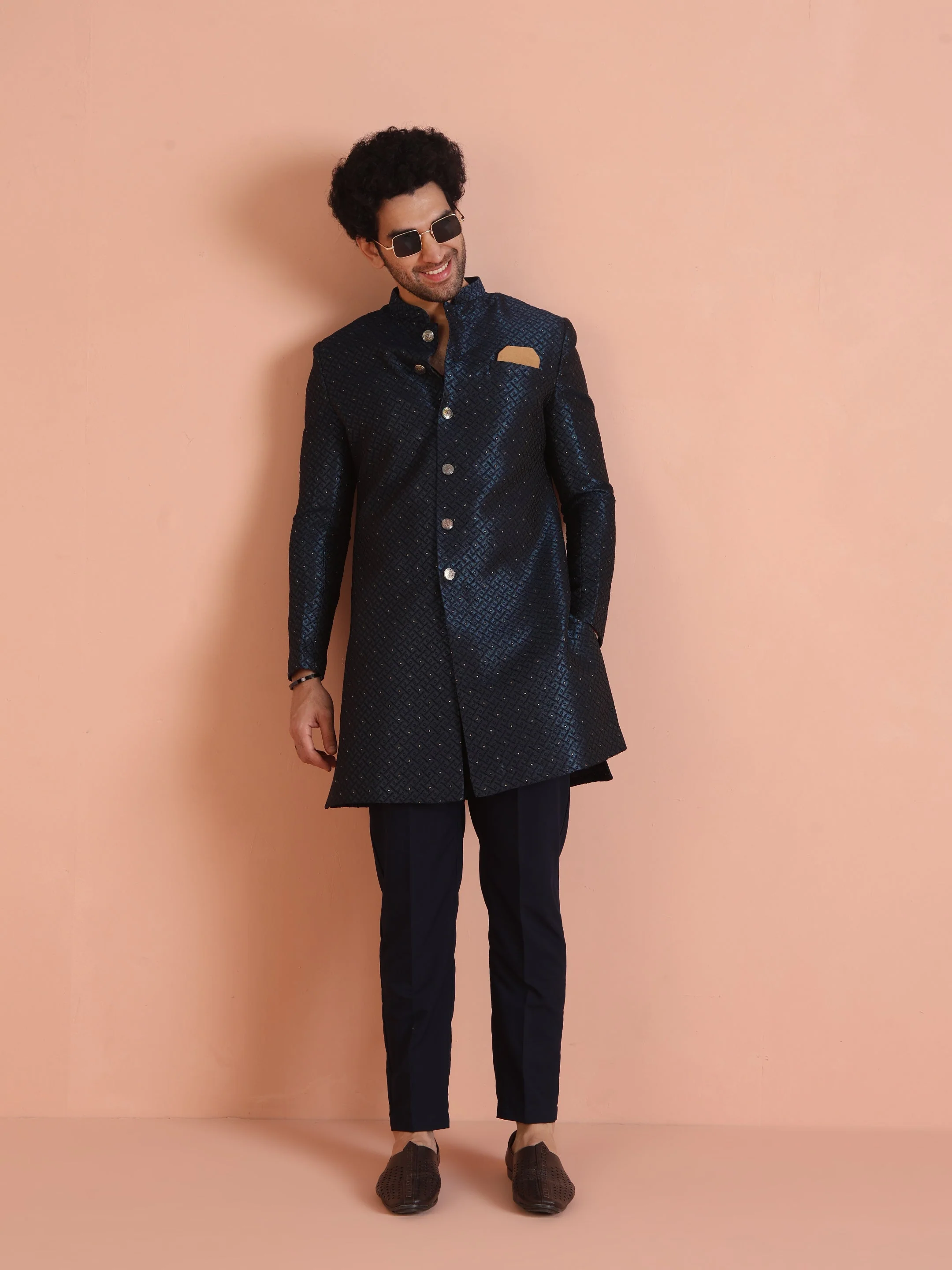 Navy Blue Textured Sherwani Trouser Set - Image 11